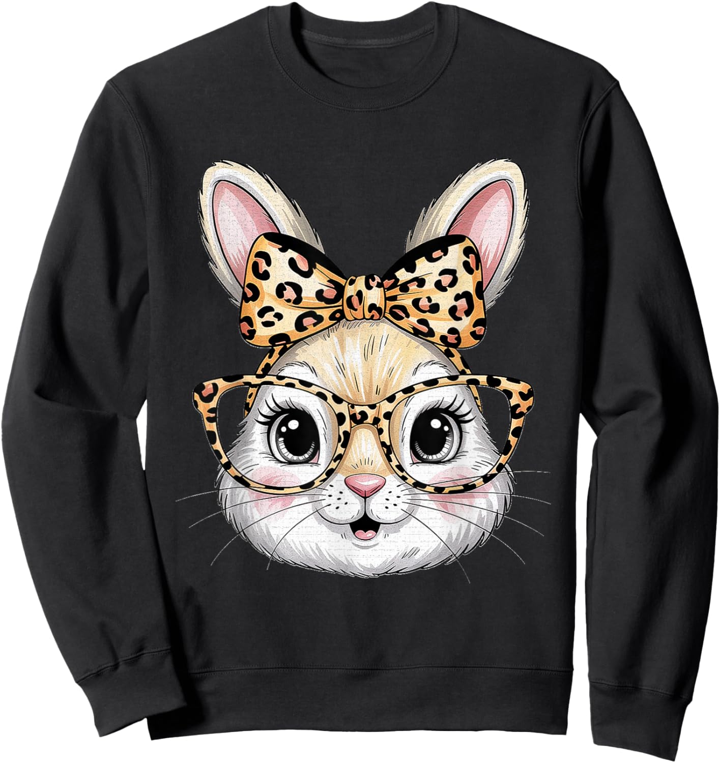 Bunny Face with Glasses Bandana Leopard Rabbit Easter Day Sweatshirt - Sweatshirt | Black