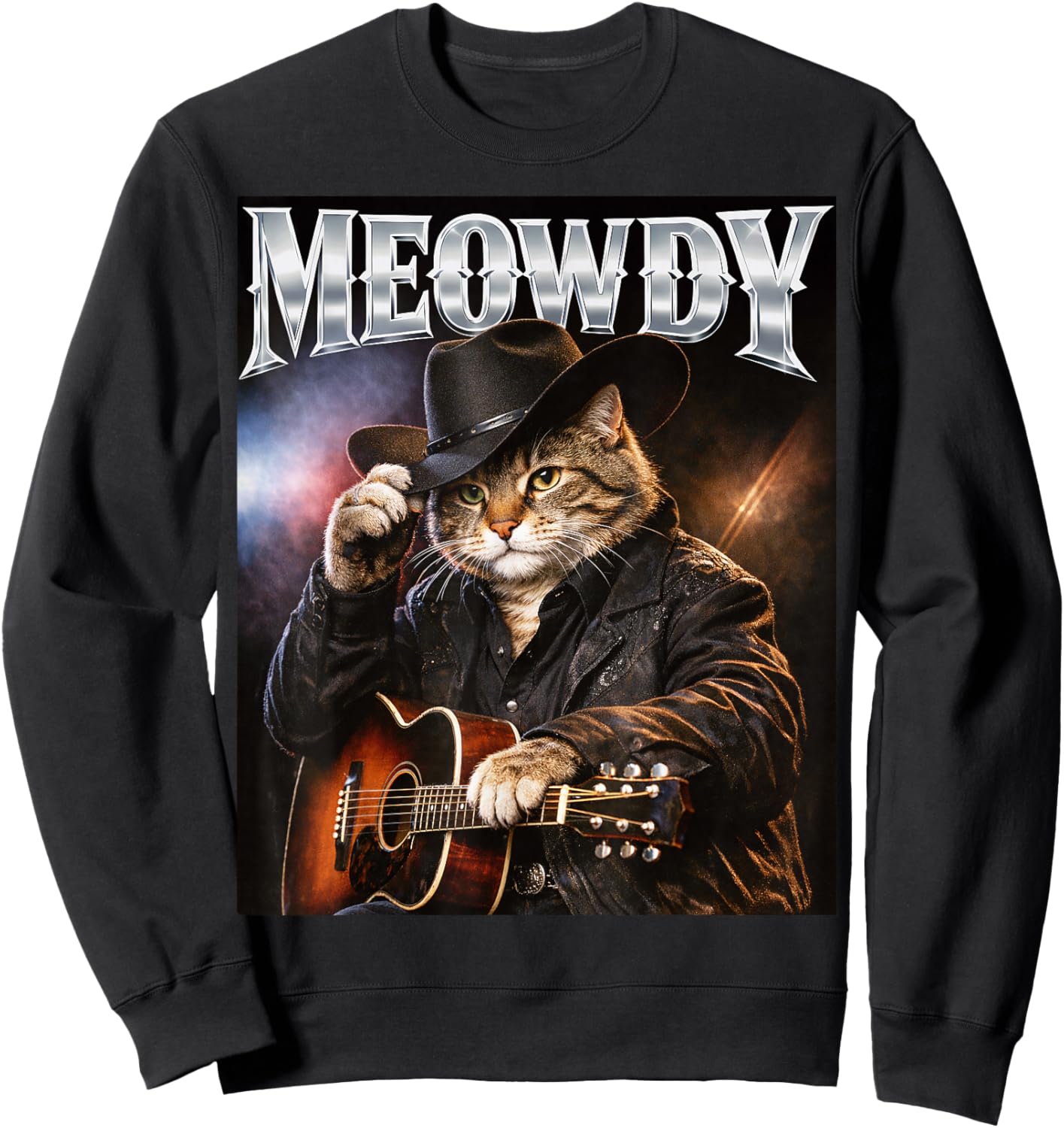 Meowdy Funny Cat Country Singer 80s and 90s Retro Sweatshirt - Sweatshirt | Black