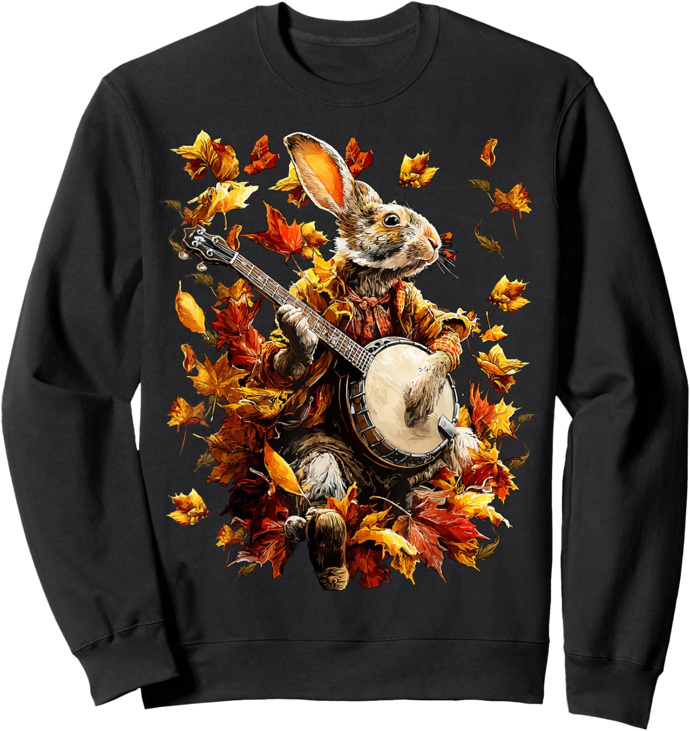 Banjoist Rabbit Playing Banjo Picker Fall Leaves Autumn Art Sweatshirt - Sweatshirt | Black