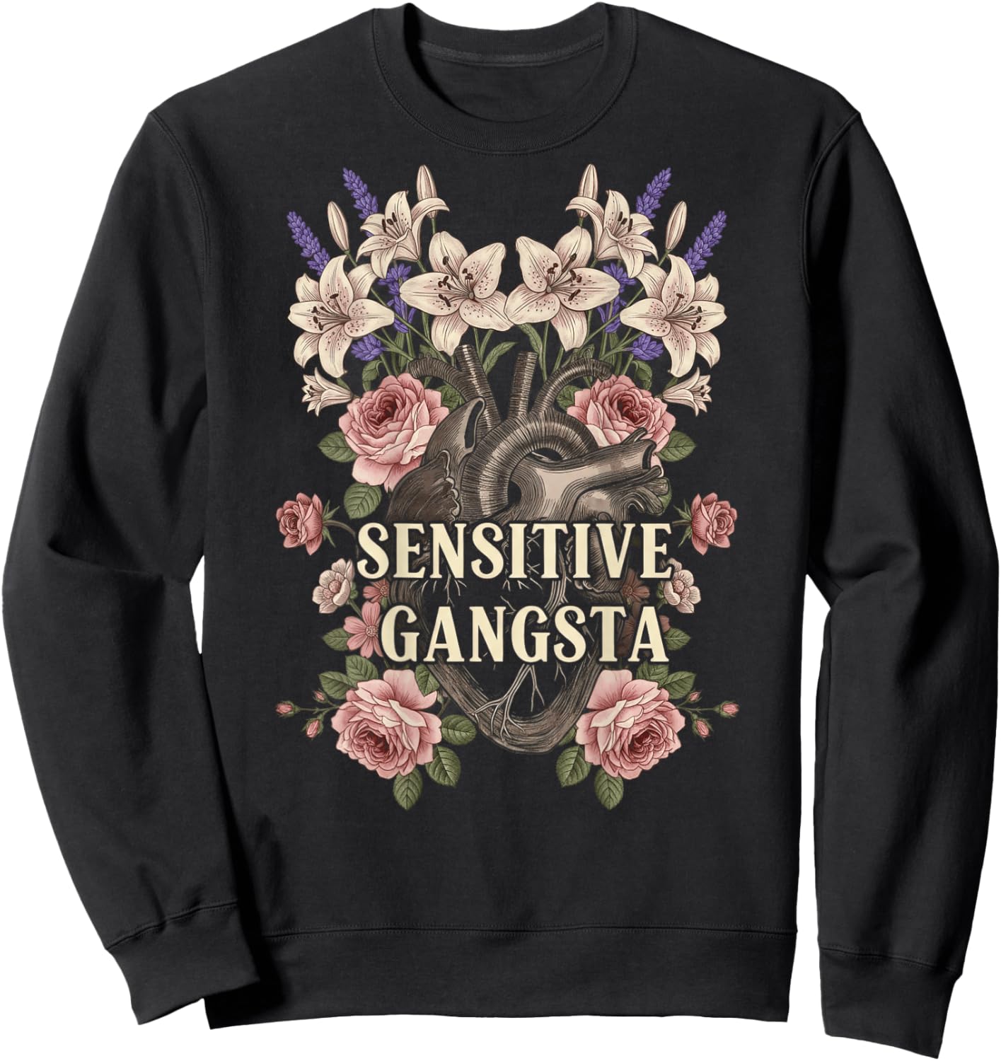 Sensitive Gangsta Floral Heart Nature Lover Women Aesthetic Sweatshirt - Sweatshirt | Black