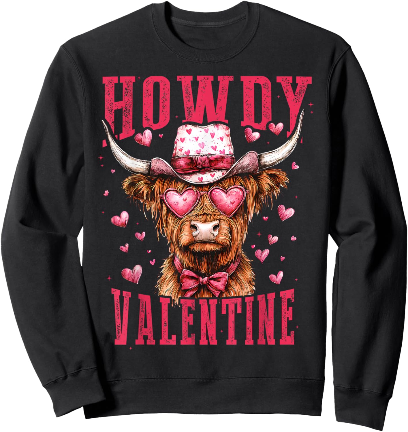 Retro Howdy Valentine Western Highland Cow Heart Glasses Sweatshirt - Sweatshirt | Black