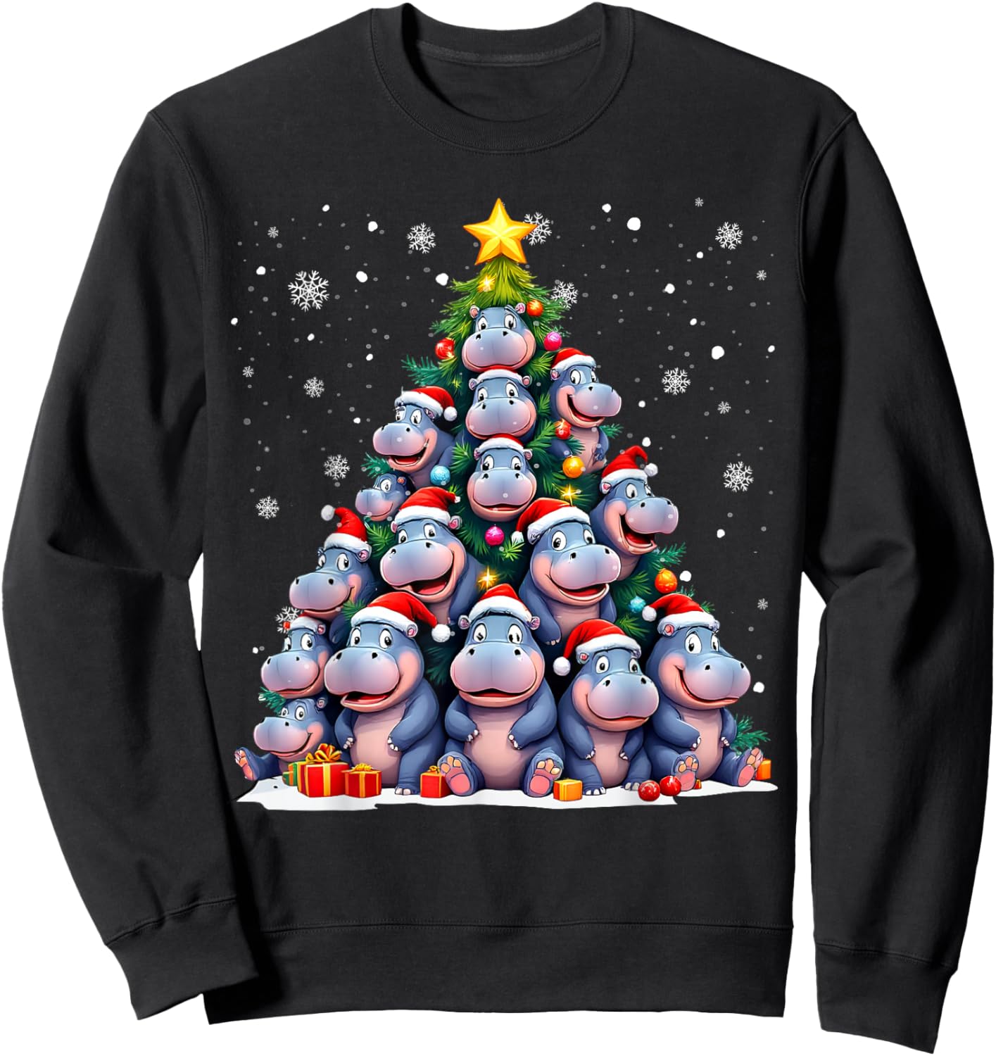 Funny Christmas Tree Hippo Family Xmas Pajamas Sweatshirt - Sweatshirt | Black