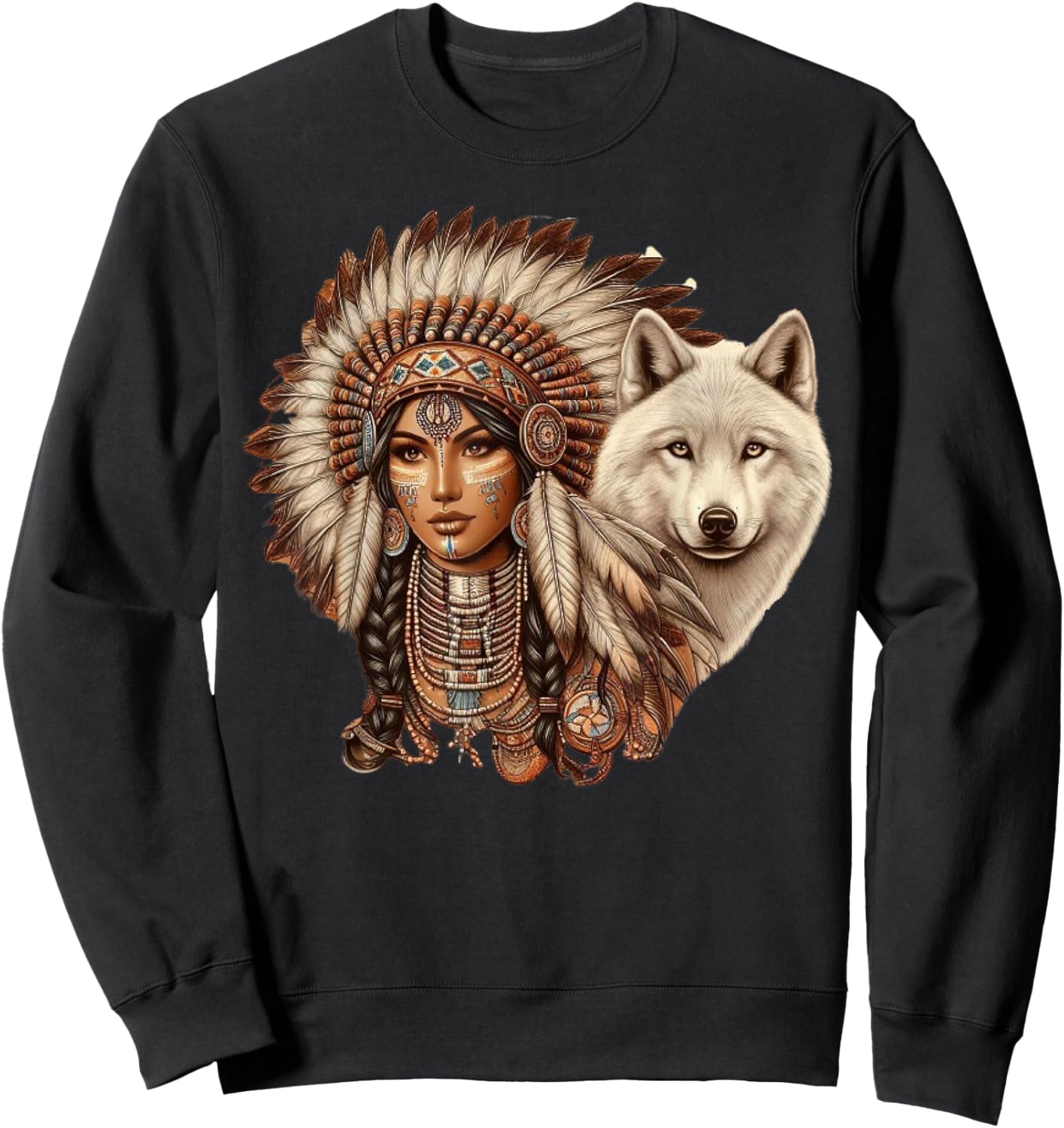 Indian Native American Woman with White Wolf Vintage Sweatshirt - Sweatshirt | Black