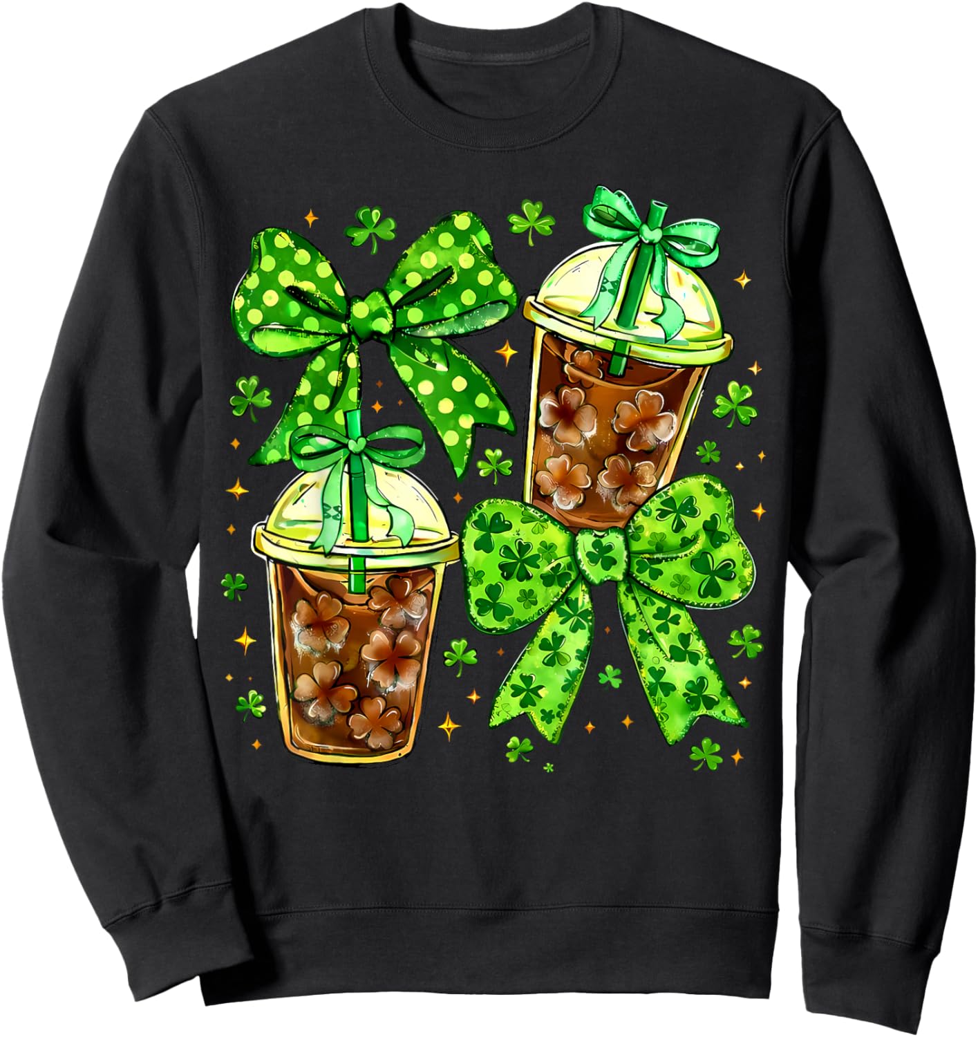 Coquette St Patricks Iced Coffee Cute Green Bow Coffee Cups Sweatshirt - Sweatshirt | Black