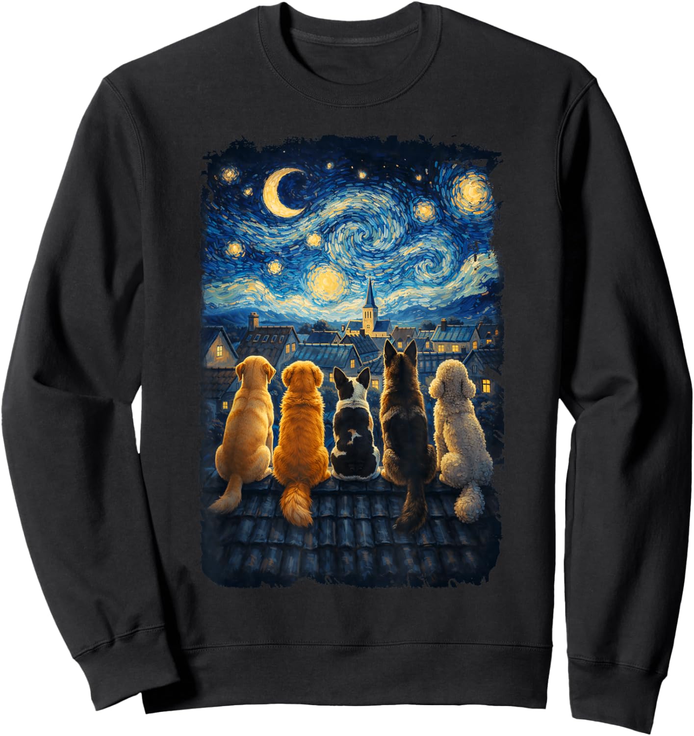 Funny Dog Starry Night Van Gogh Dogs Rooftop Scene Sweatshirt - Sweatshirt | Black