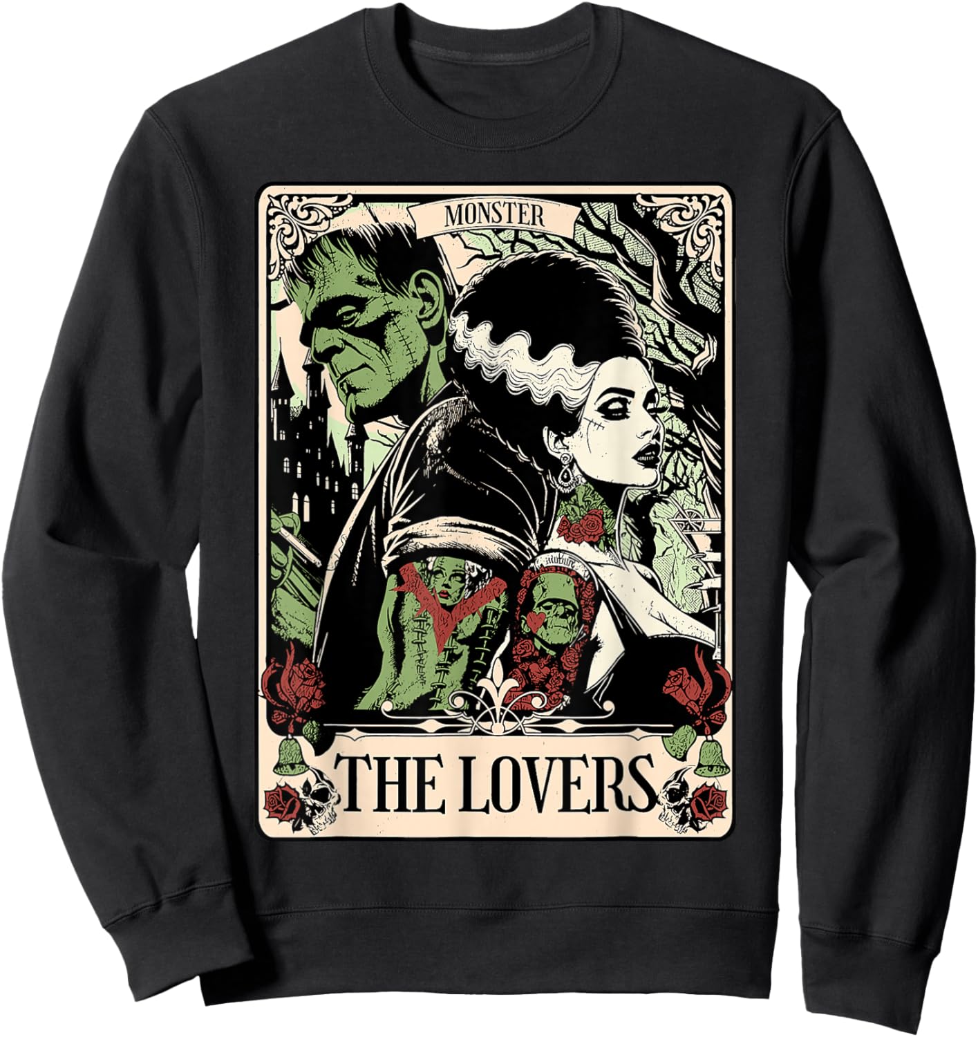 Halloween The Monster and Bride The Lovers Tarot Card Sweatshirt - Sweatshirt | Black