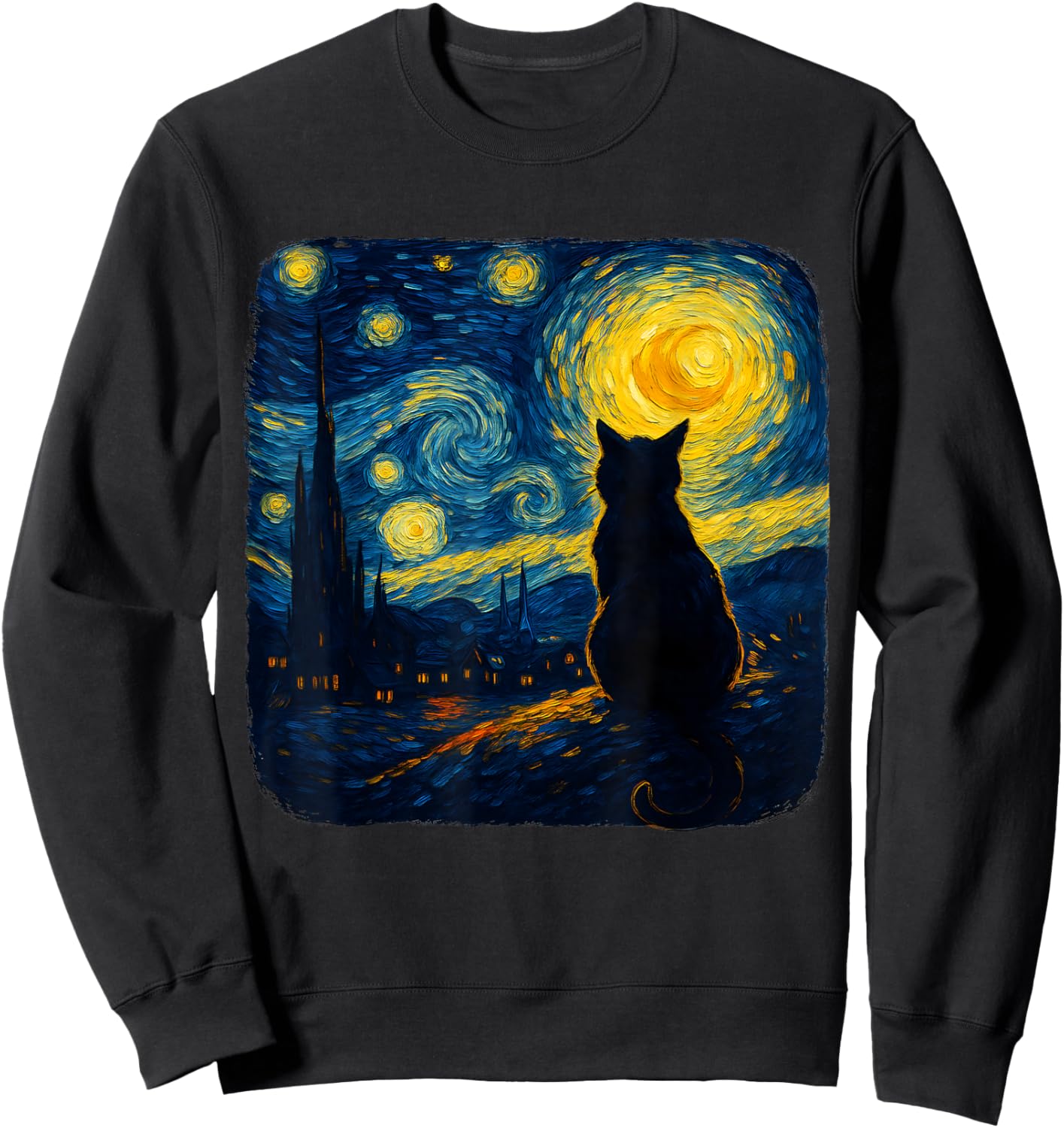 Cat Starry Funny Night Cat Lover Van Gogh Cat Mom Cat Dad Sweatshirt - Sweatshirt | Black