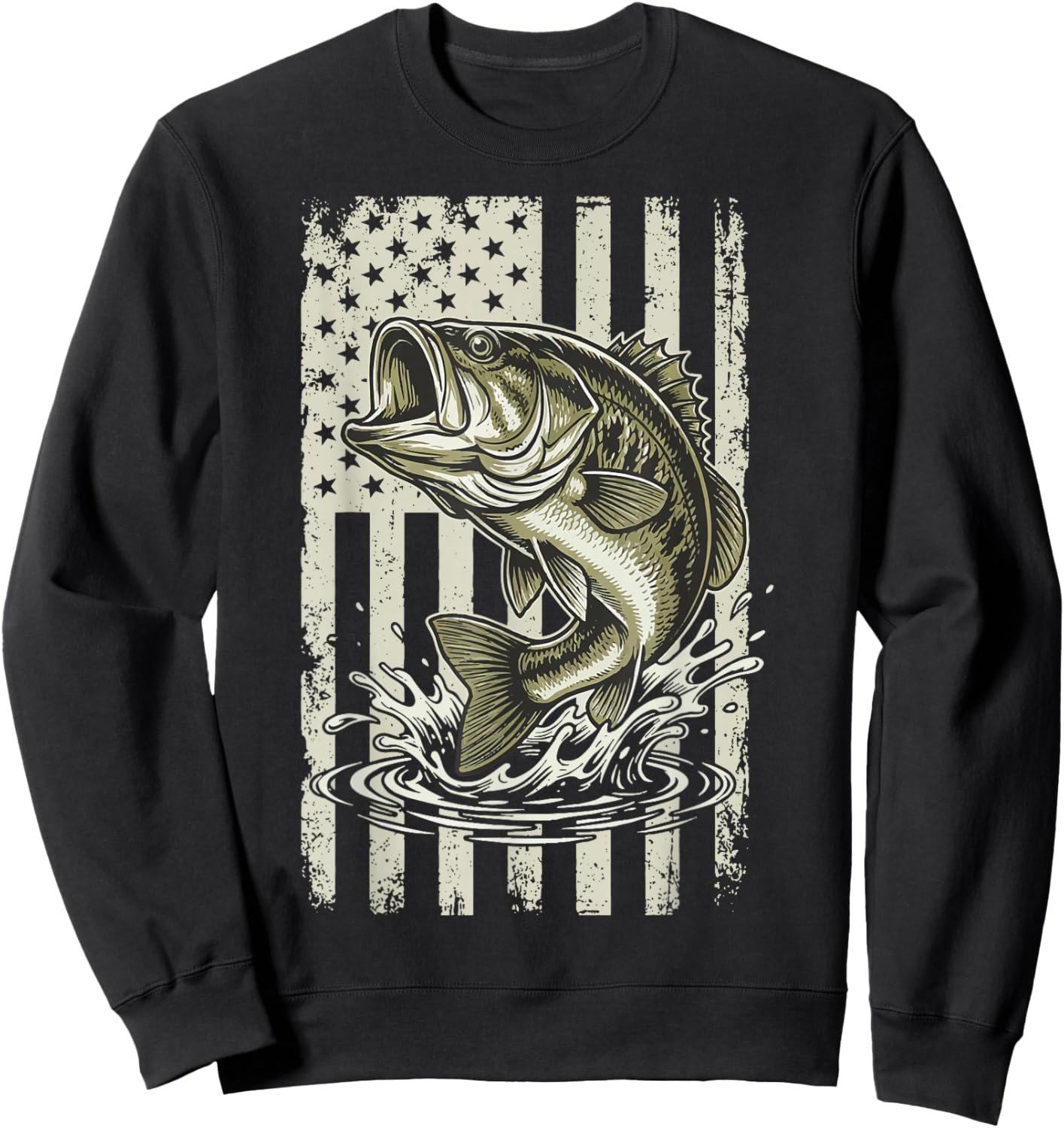 Bass Fish USA Flag Fishing 4th of July Patriot Sweatshirt - Sweatshirt | Black