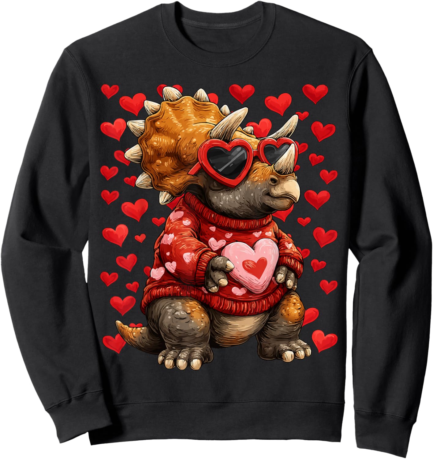 Triceratops with Heart Sunglasses Valentines Day Dinosaurs Sweatshirt - Sweatshirt | Black