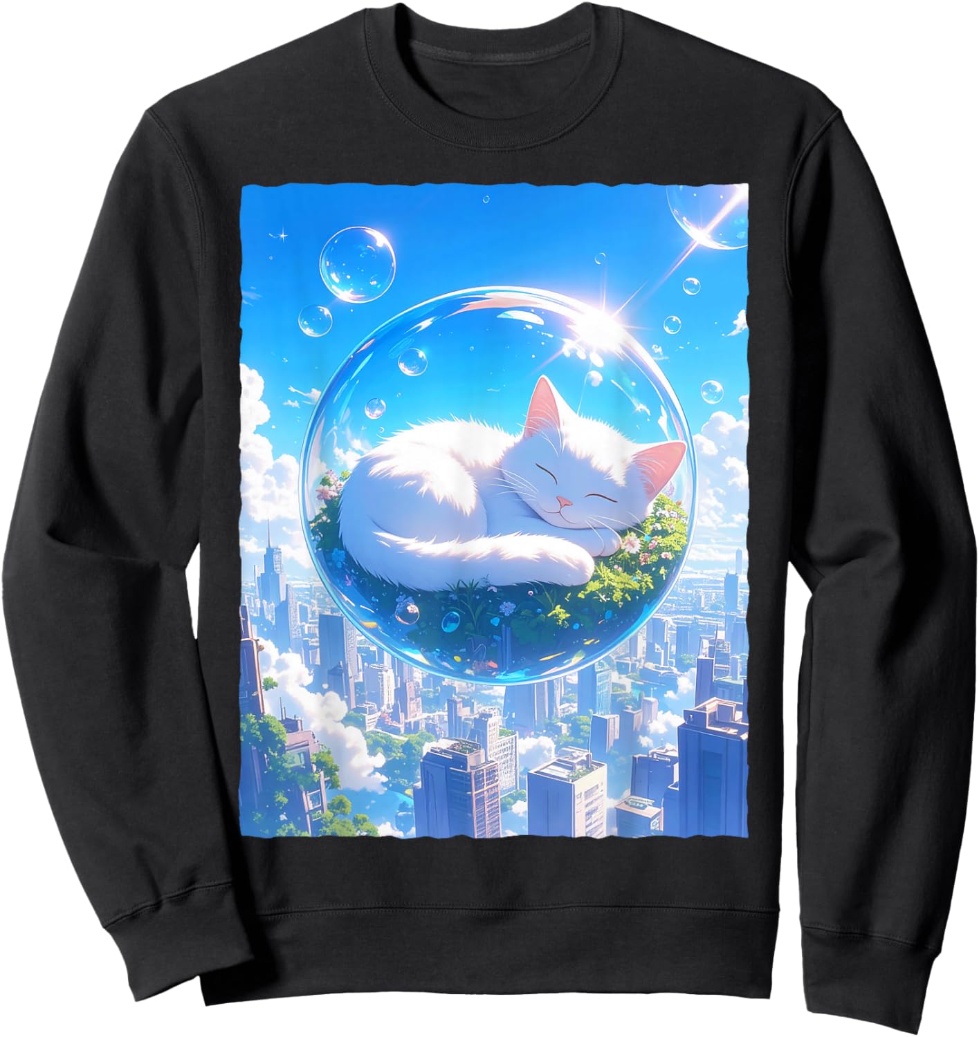 Frutiger Aero Kawaii Sleeping Cat in Bubble Aesthetic Sweatshirt - Sweatshirt | Black