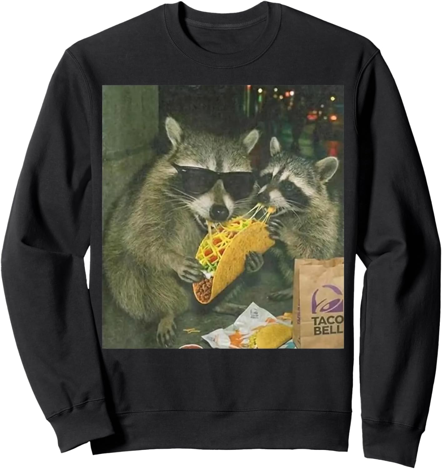 Funny Vintage Raccoon Eating Tacos Meme Humor Men Women Sweatshirt - Sweatshirt | Black