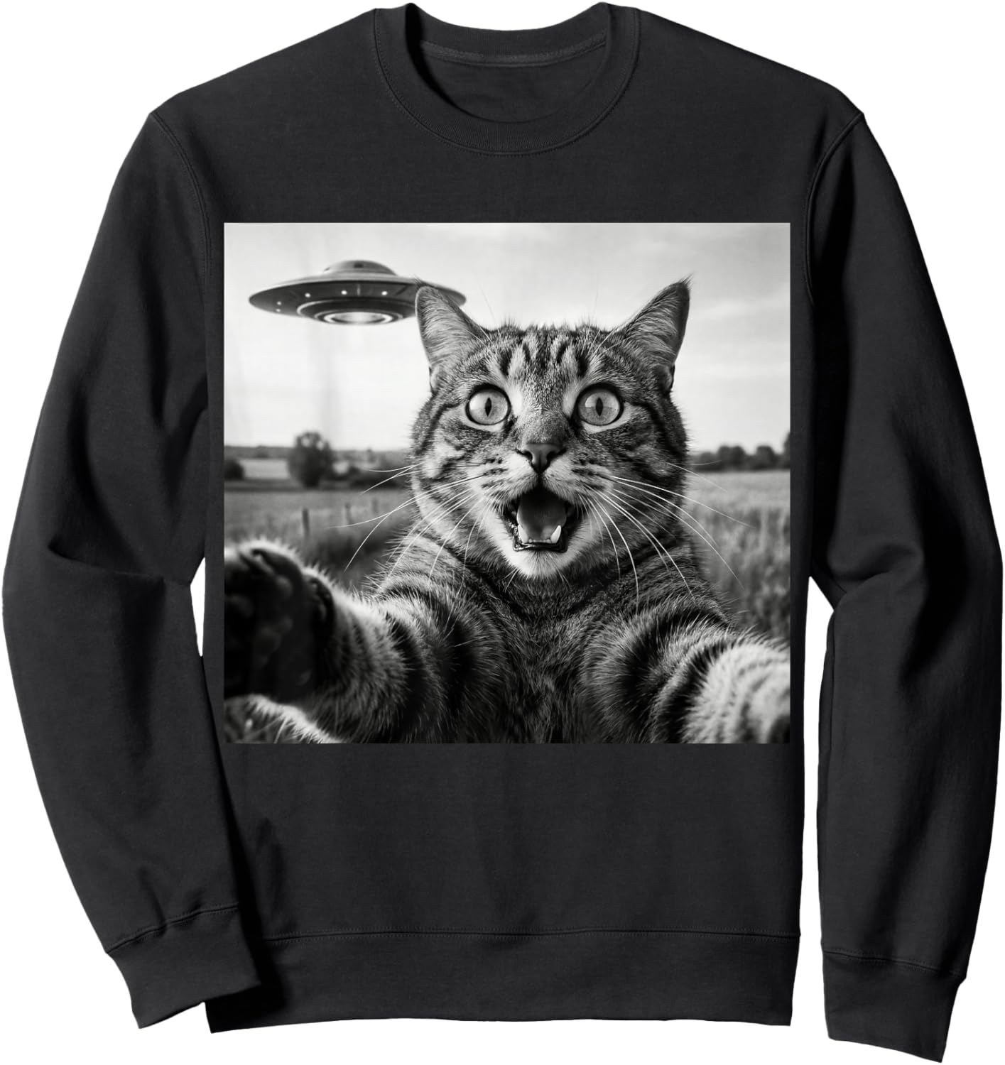 Funny Cat Selfie UFO Alien Abduction Sweatshirt - Sweatshirt | Black