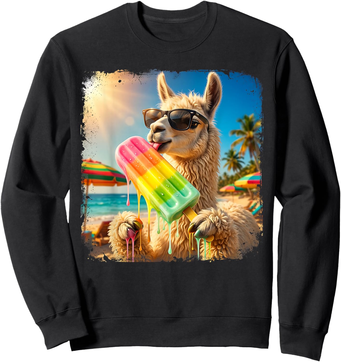 Funny Llama Eating Popsicle Summer Beach Animal Sunglasses Sweatshirt - Sweatshirt | Black