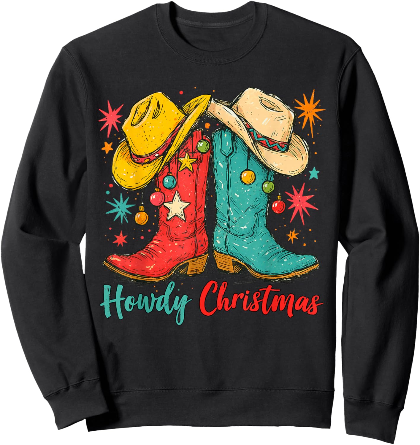 Howdy Christmas Xmas Cowboy Boots Western Men Women Kids Sweatshirt - Sweatshirt | Black
