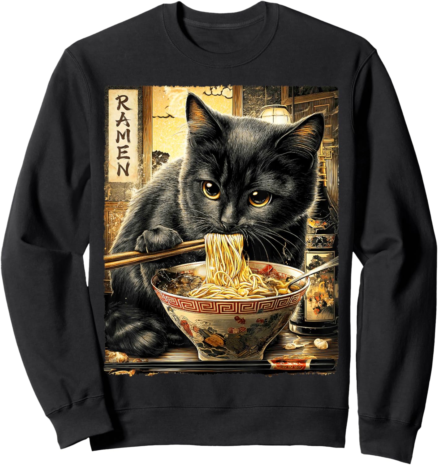 Funny Ramen Cat Noodle Lovers Anime Otaku Sweatshirt - Sweatshirt | Black