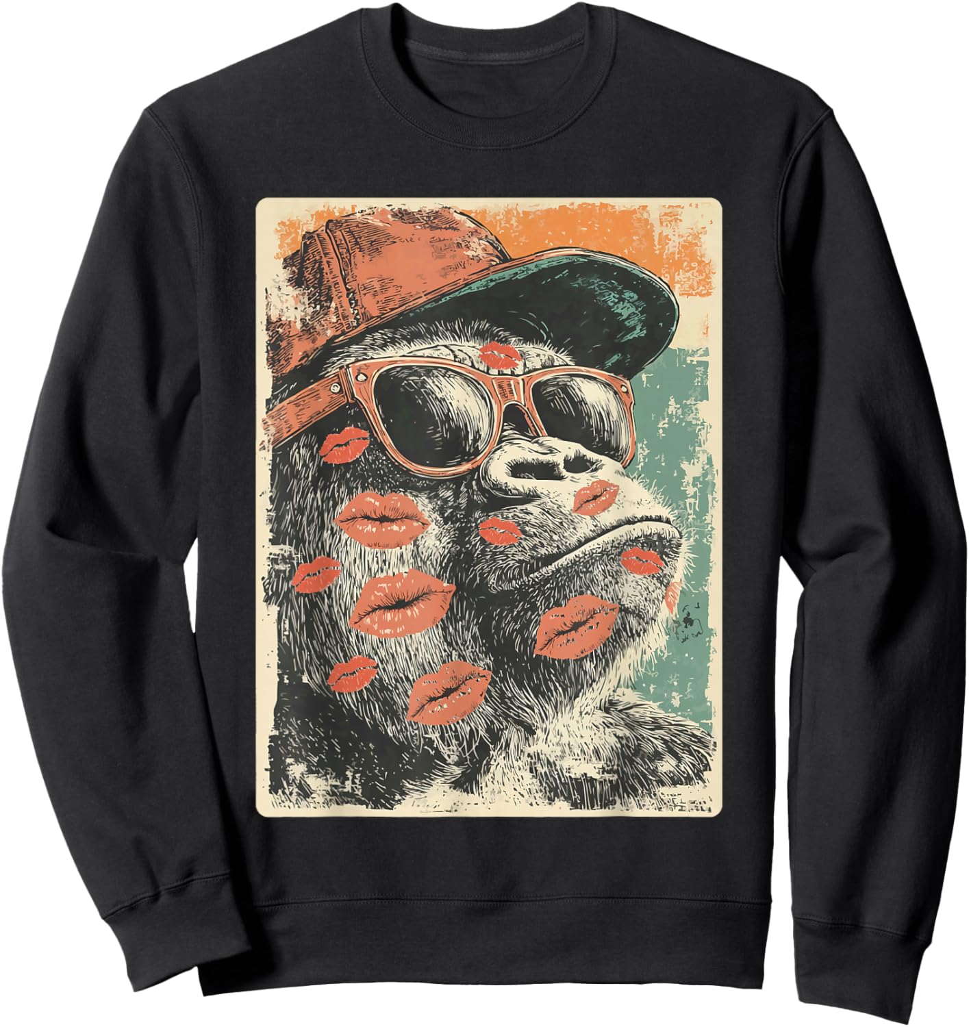 Cute Gorilla with Sunglasses Kisses Valentine's Day Animal Sweatshirt - Sweatshirt | Black