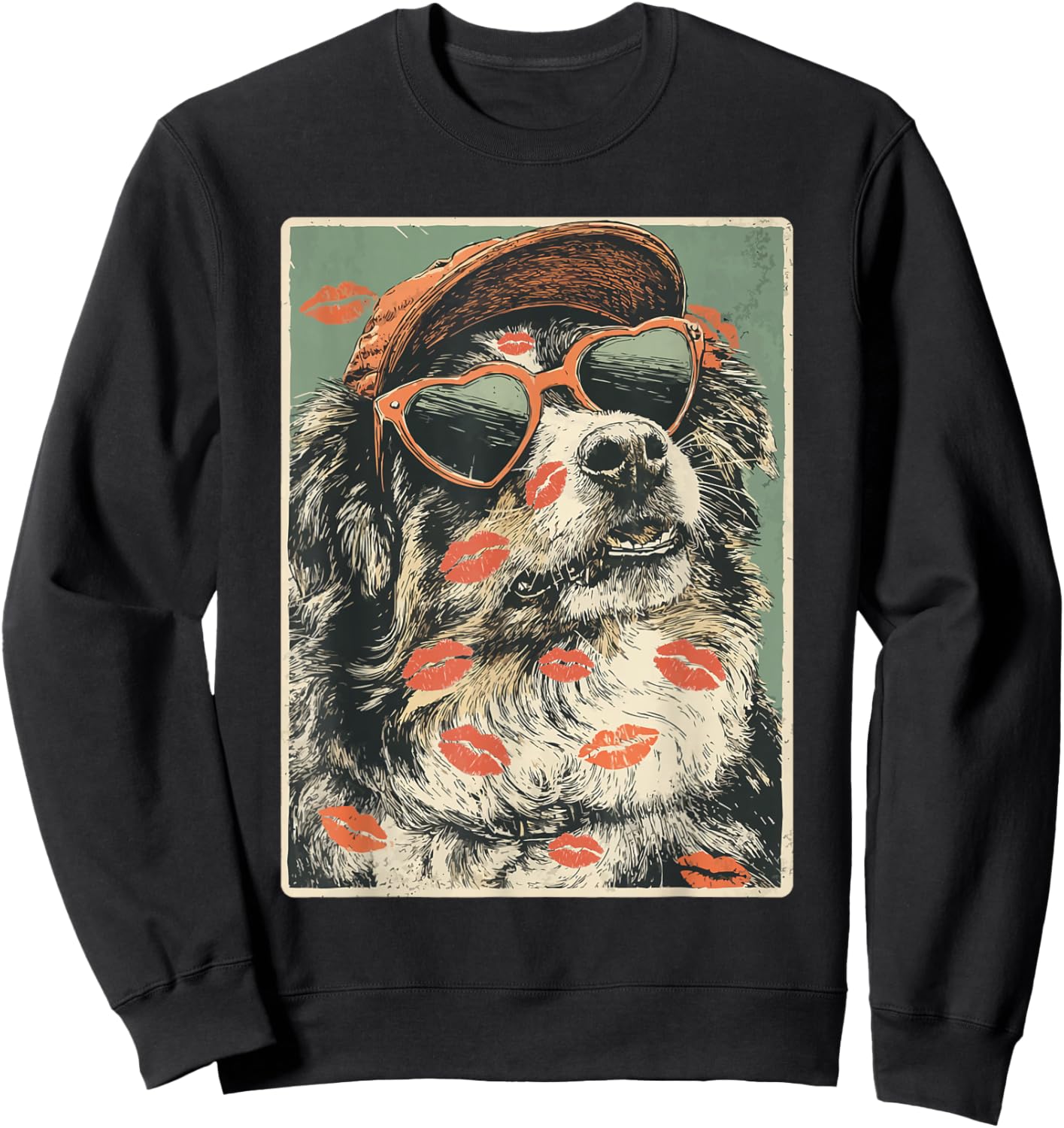 Australian Shepherd in Sunglasses Aussie Dog Valentine's Day Sweatshirt - Sweatshirt | Black