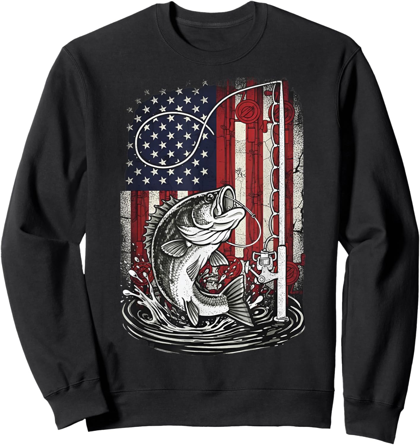 Fishing Camo Bass Fish Camouflage American Flag Fisherman Sweatshirt - Sweatshirt | Black