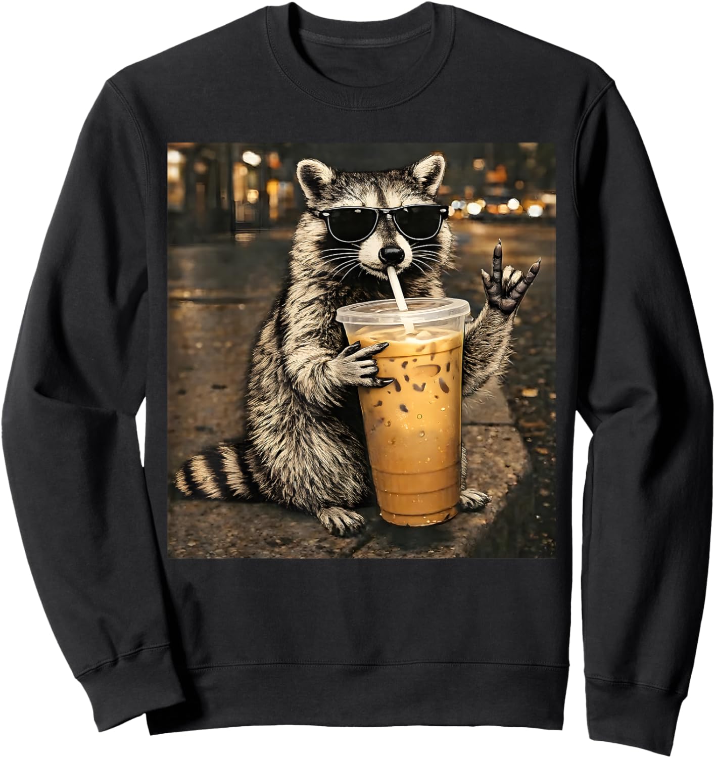 Raccoon Drinking Iced Coffee Funny Animal Meme Men Women Sweatshirt - Sweatshirt | Black