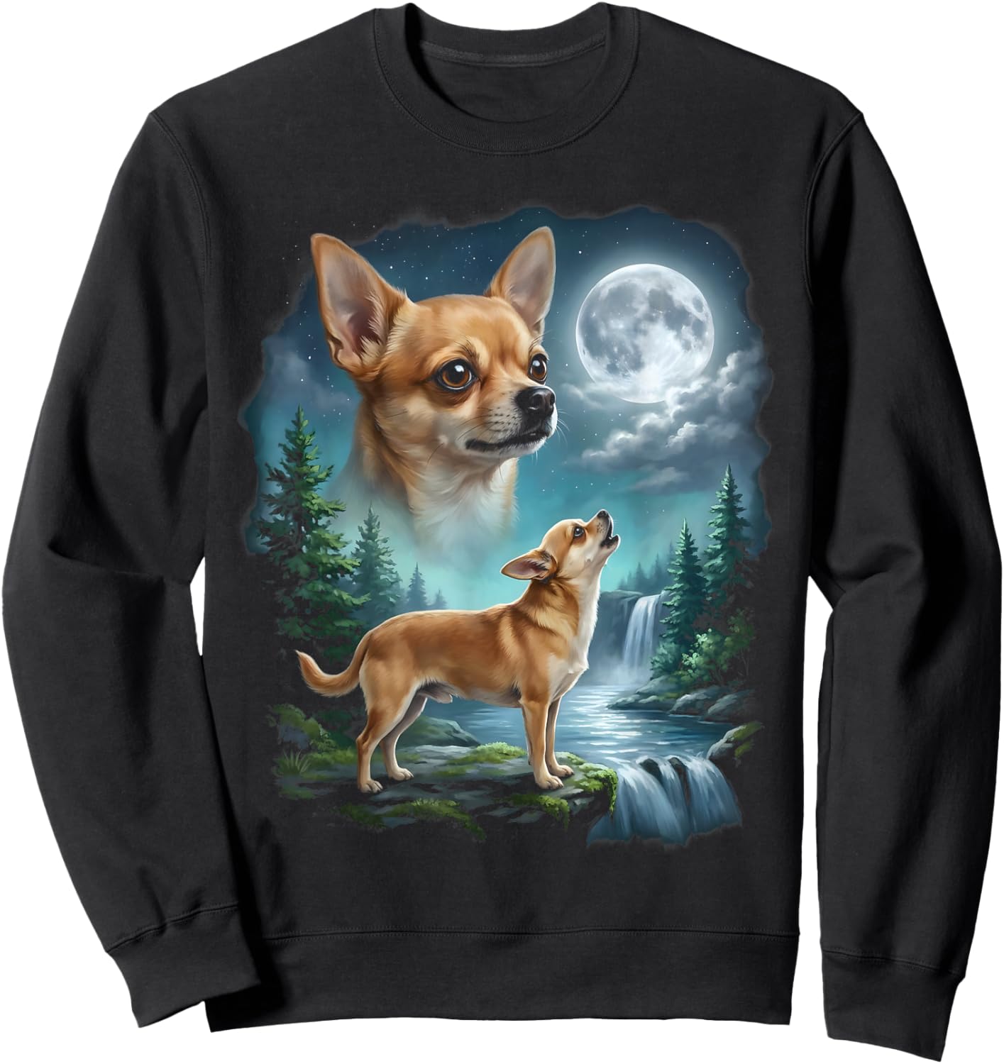 Chihuahua Dog Moonlit Night Art Chihuahua Howling at Moon Sweatshirt - Sweatshirt | Black