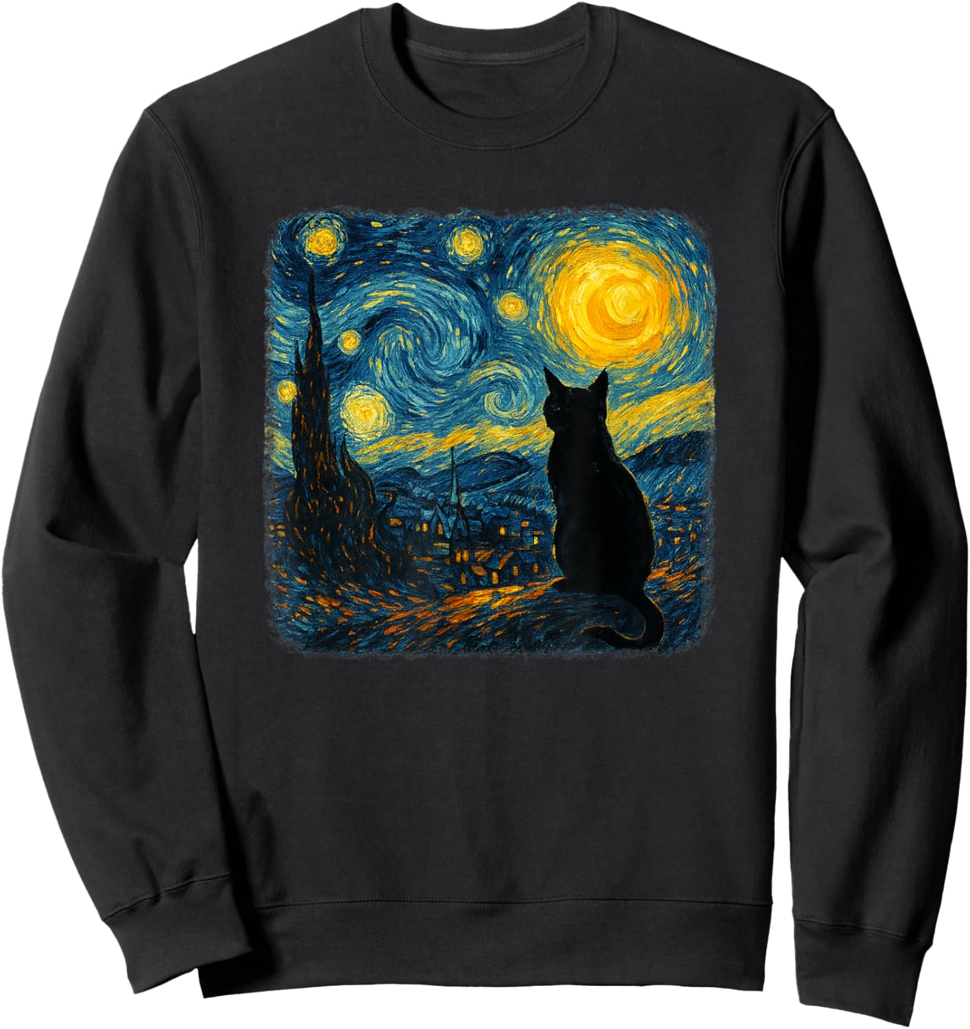 Funny Black Cat Starry Night Parody Painting Cat Lovers Sweatshirt - Sweatshirt | Black