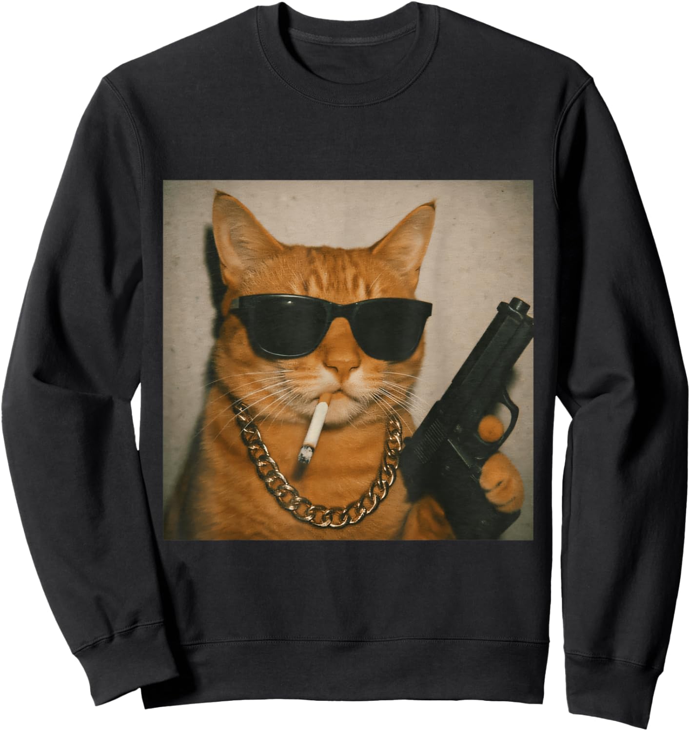 Funny Gangster Cat Smoking Gen Z Retro Meme Cat Lover Sweatshirt - Sweatshirt | Black