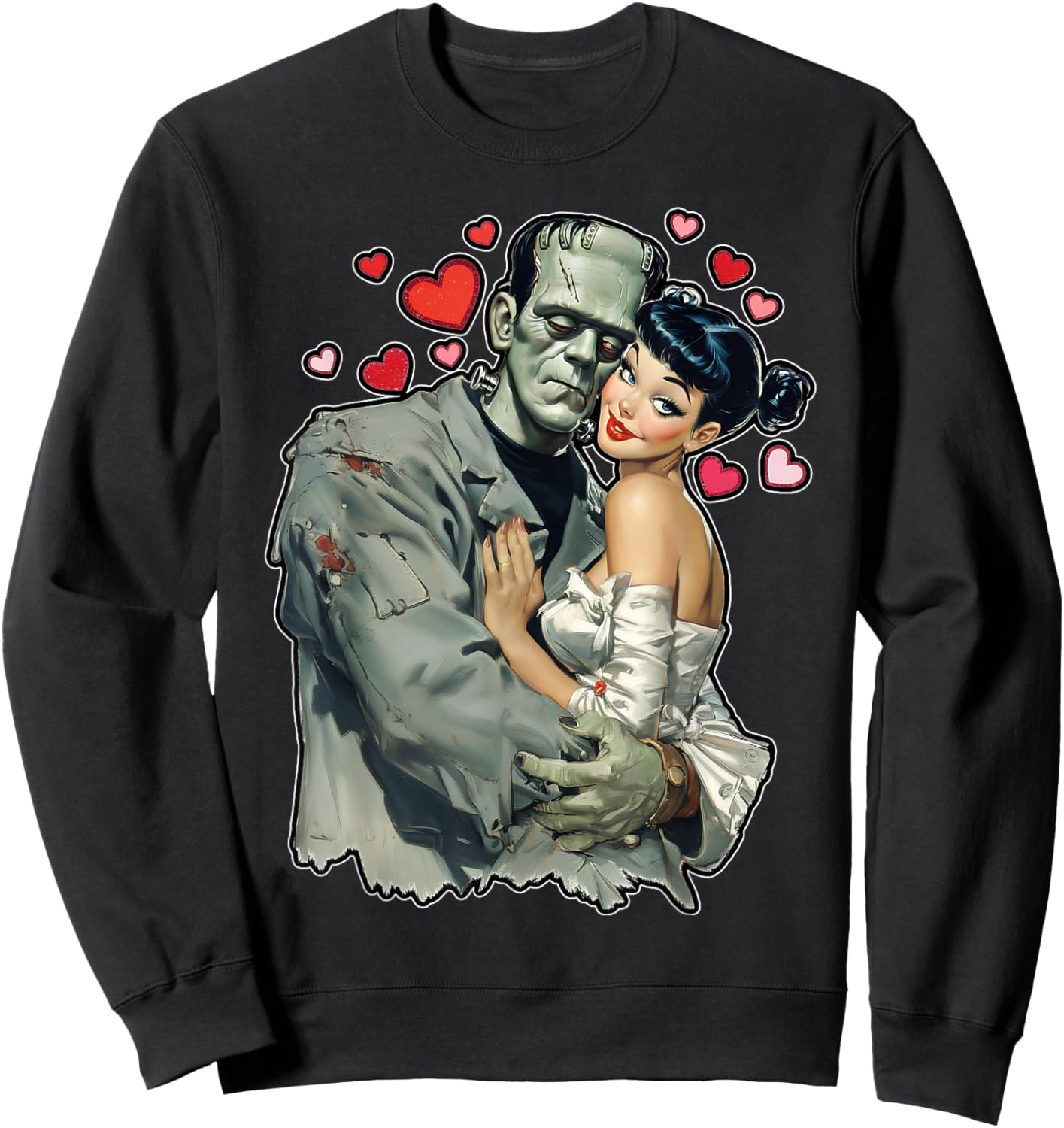 Love Heart Valentines Romantic Frankenstein and Wife Graphic Sweatshirt - Sweatshirt | Black