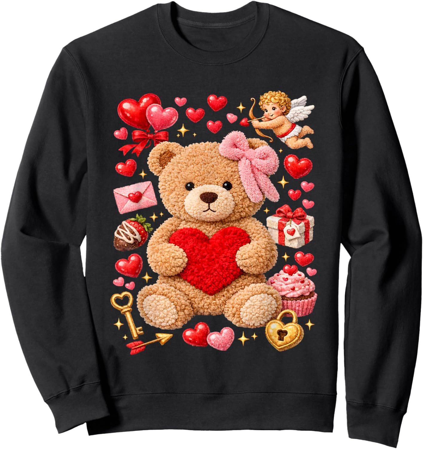 Be My Valentine Cute Crochet Yarn Teddy Bear Love Sweatshirt - Sweatshirt | Black