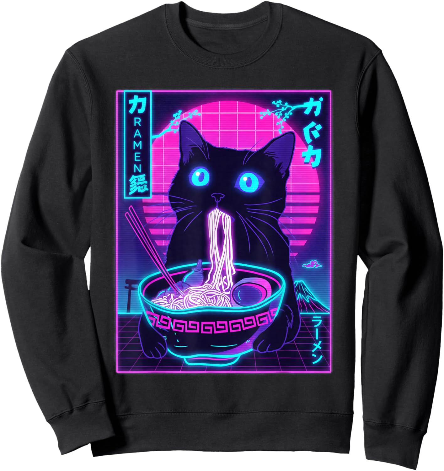 Funny Japanese Kawaii Cat Eating Ramen Noodle Glow Style Sweatshirt - Sweatshirt | Black