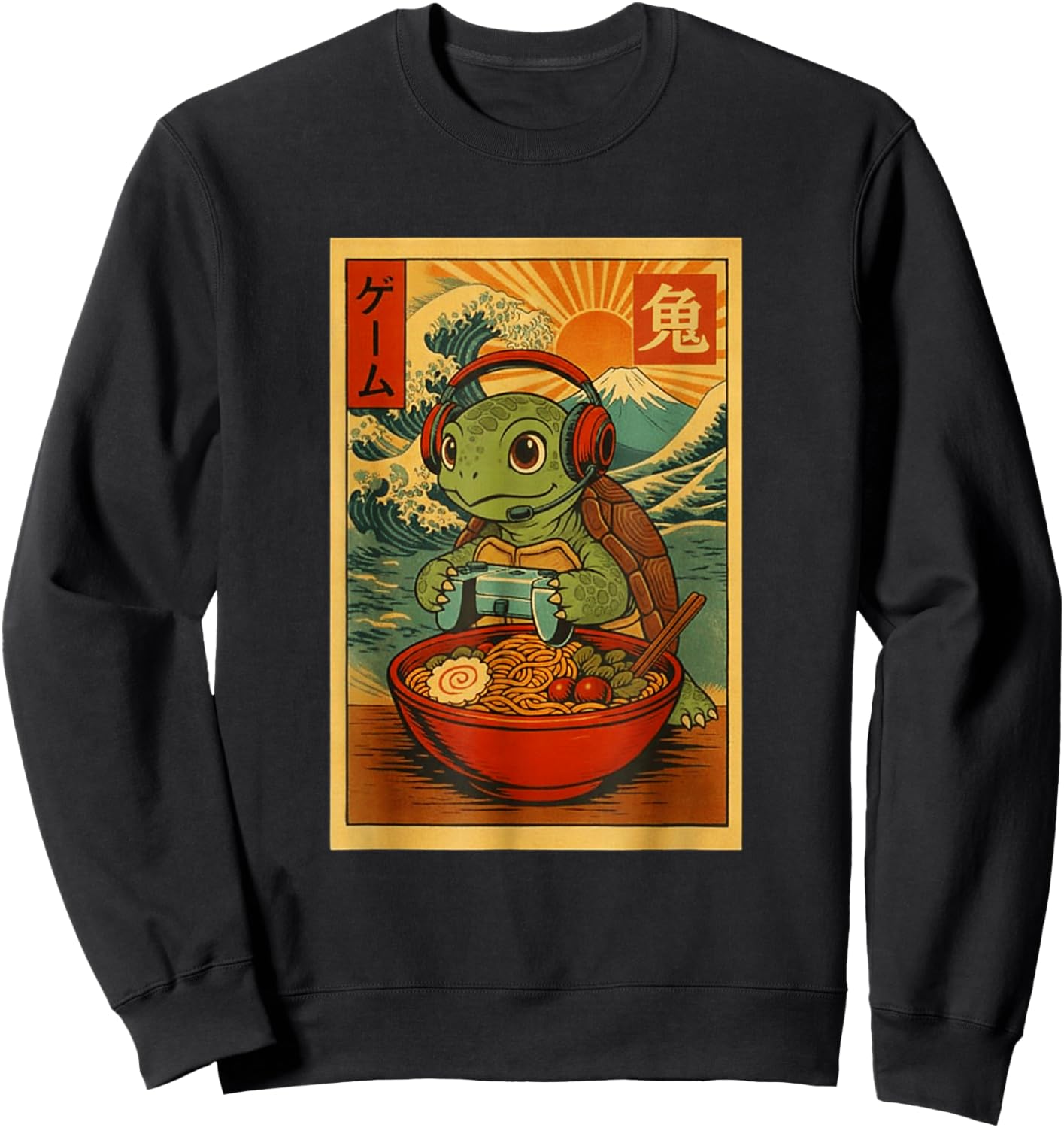Japanese Ramen Turtle Gamer Ukiyo-e Great Wave Retro Art Sweatshirt - Sweatshirt | Black