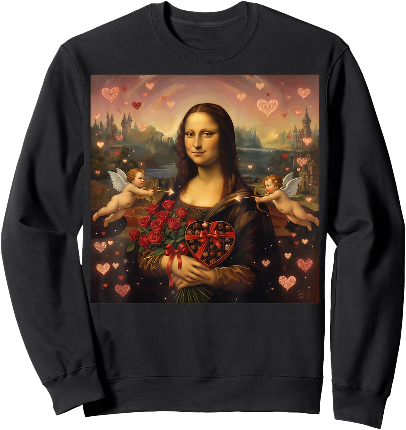 Valentine Mona Lisa Romantic Art with Roses and Chocolates Sweatshirt - Sweatshirt | Black