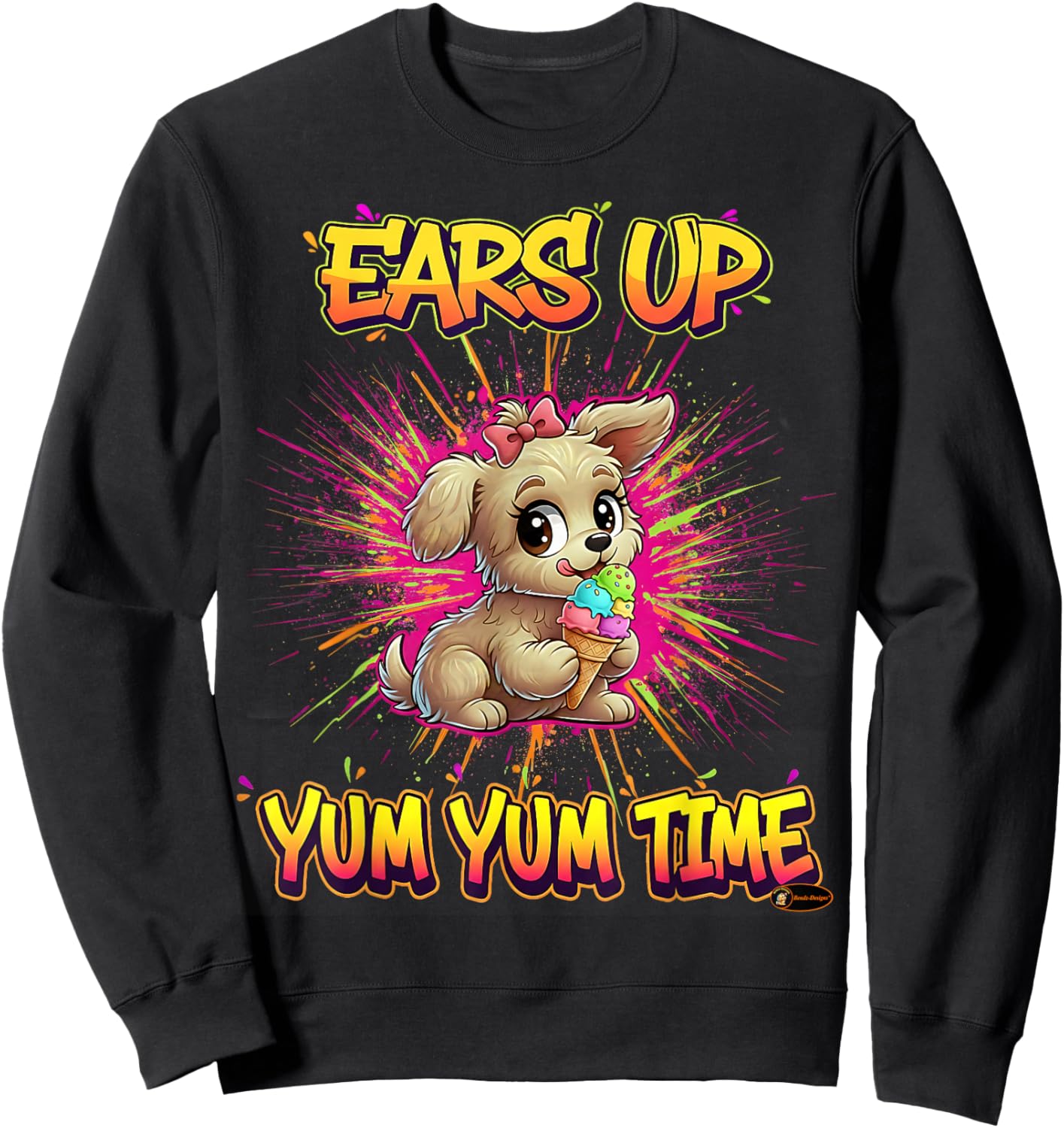 Ears Up Yum Yum Time Cute Puppy Design for Kids Dog Lovers Sweatshirt - Sweatshirt | Black