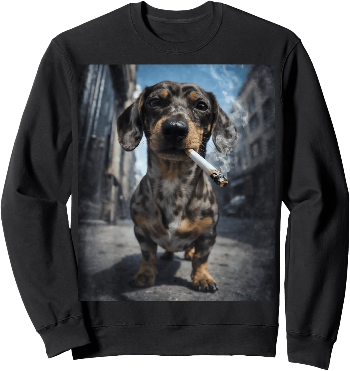 Chocolate Dapple Miniature Dachshund Dog Smoking Cigarette Sweatshirt - Sweatshirt | Black