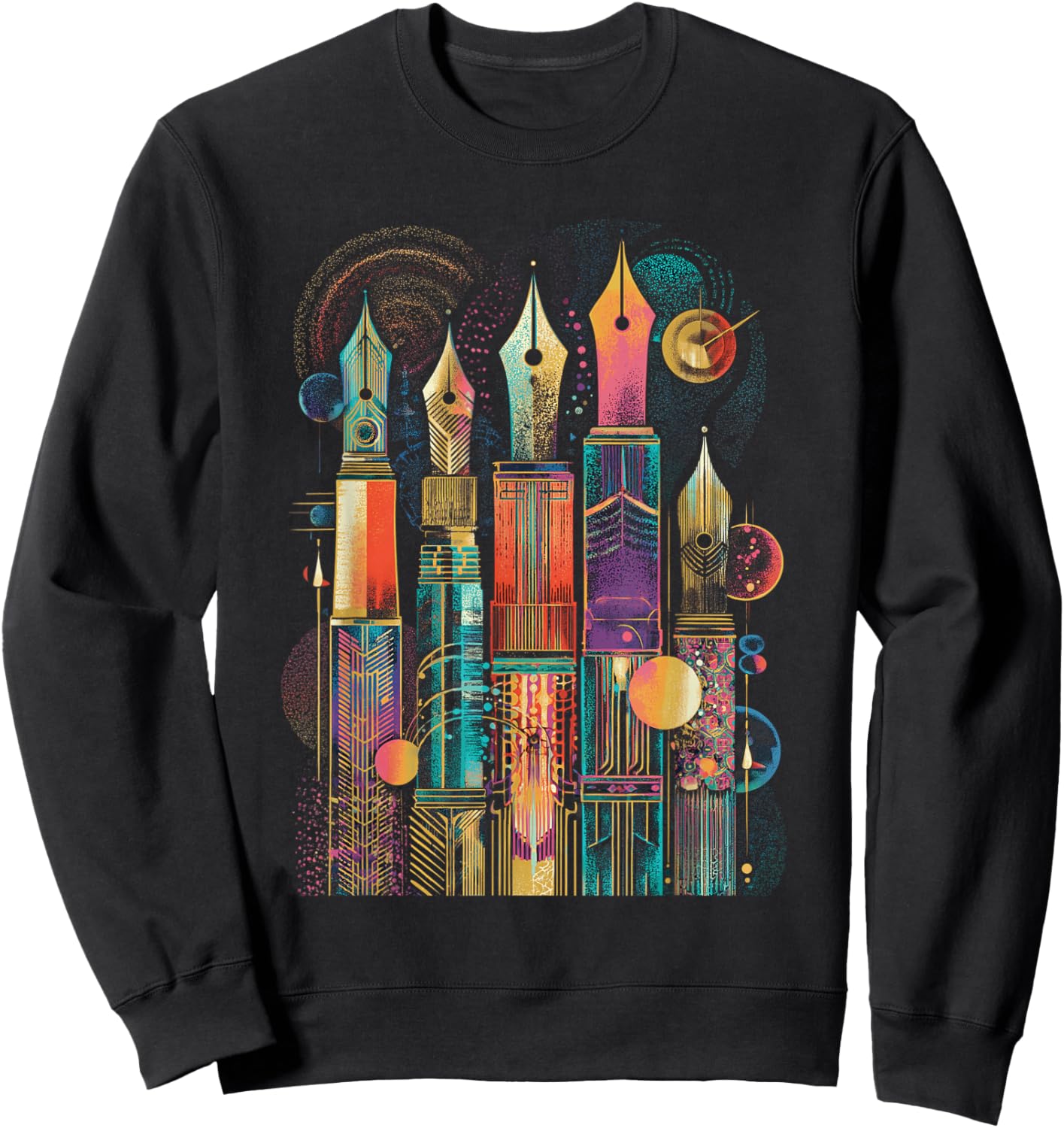 Art Deco Fountain Pen Skyline with Retro Abstract Geometry Sweatshirt - Sweatshirt | Black