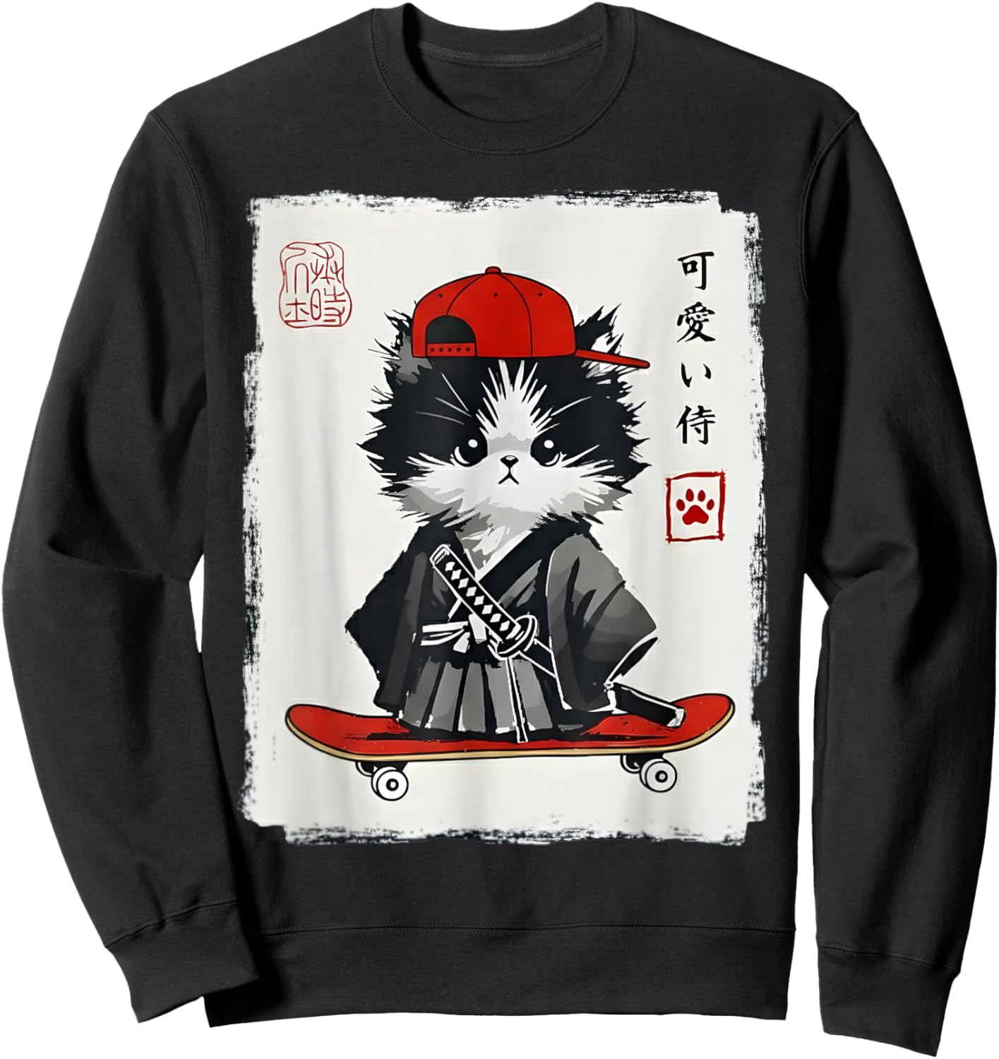 Samurai Cat Skateboard Kawaii Men Women Kids Funny Japanese Sweatshirt - Sweatshirt | Black