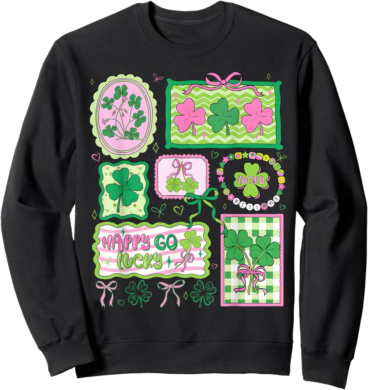 Preppy St Patricks Day Happy Go Lucky Shamrock Bow Men Women Sweatshirt - Sweatshirt | Black