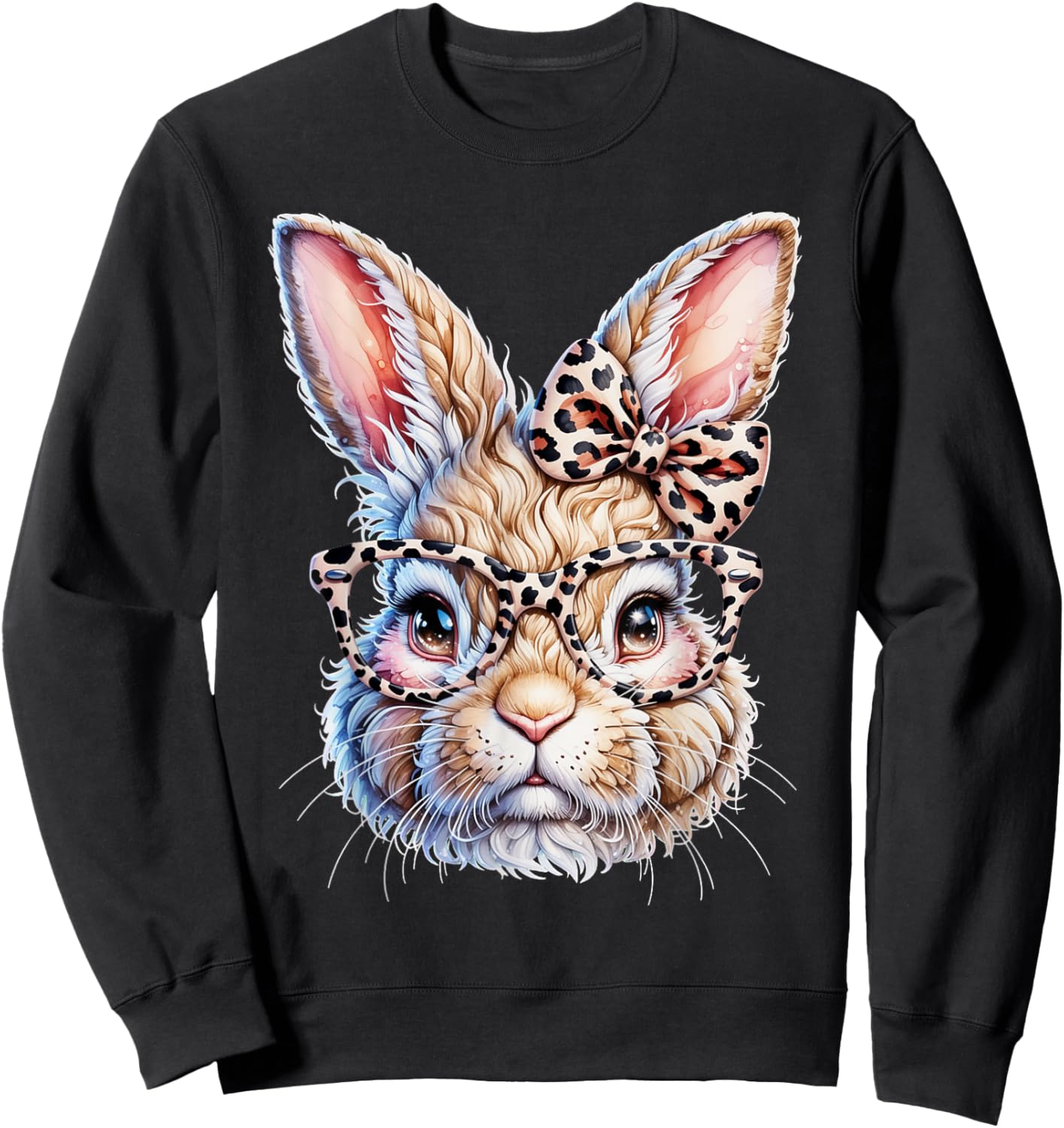 Easter Bunny with Leopard Bow and Glasses Sweatshirt - Sweatshirt | Black