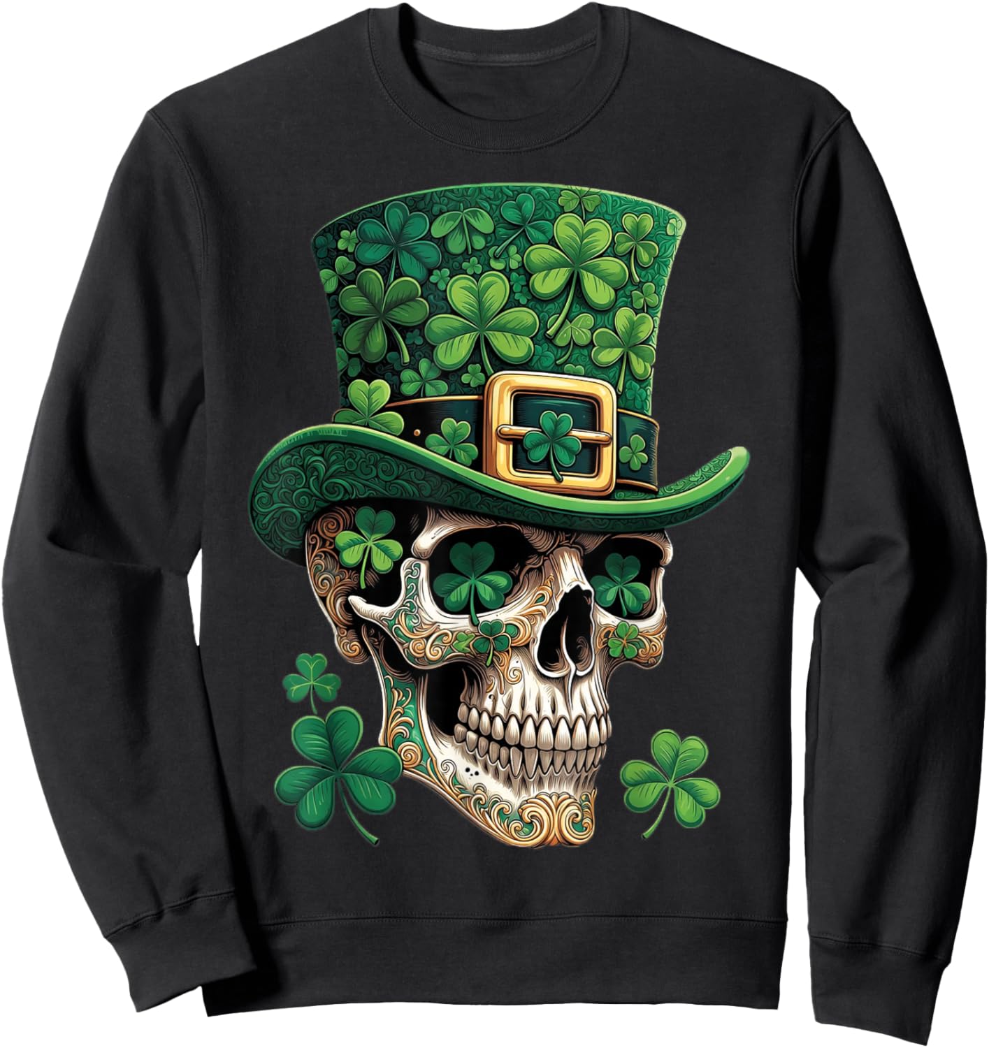 St Patrick Sugar Skull Day of The Dead Lucky Shamrock Sweatshirt - Sweatshirt | Black