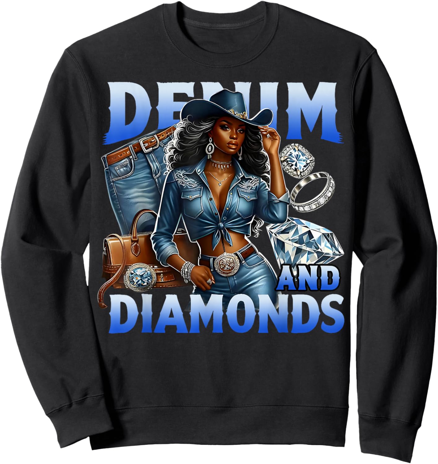Denim and Diamonds Country Western Bachelorette Girl's Party Sweatshirt - Sweatshirt | Black