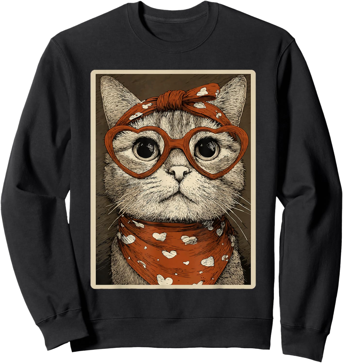 Cute Tabby Cat with Hearts Glasses Valentines Kitty Coquette Sweatshirt - Sweatshirt | Black