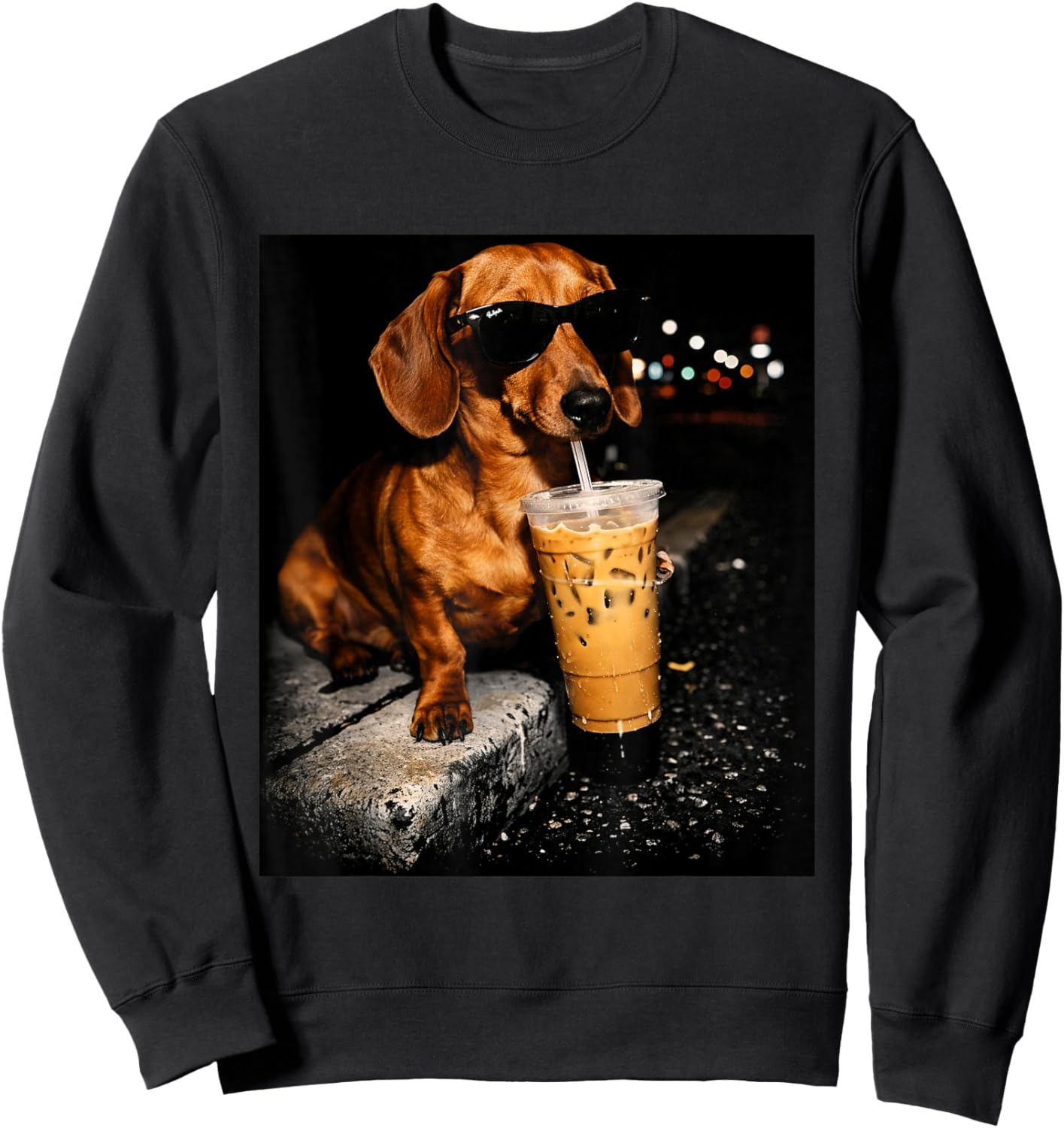 Funny Dachshund Drinking Iced Coffee Washed Sweatshirt - Sweatshirt | Black
