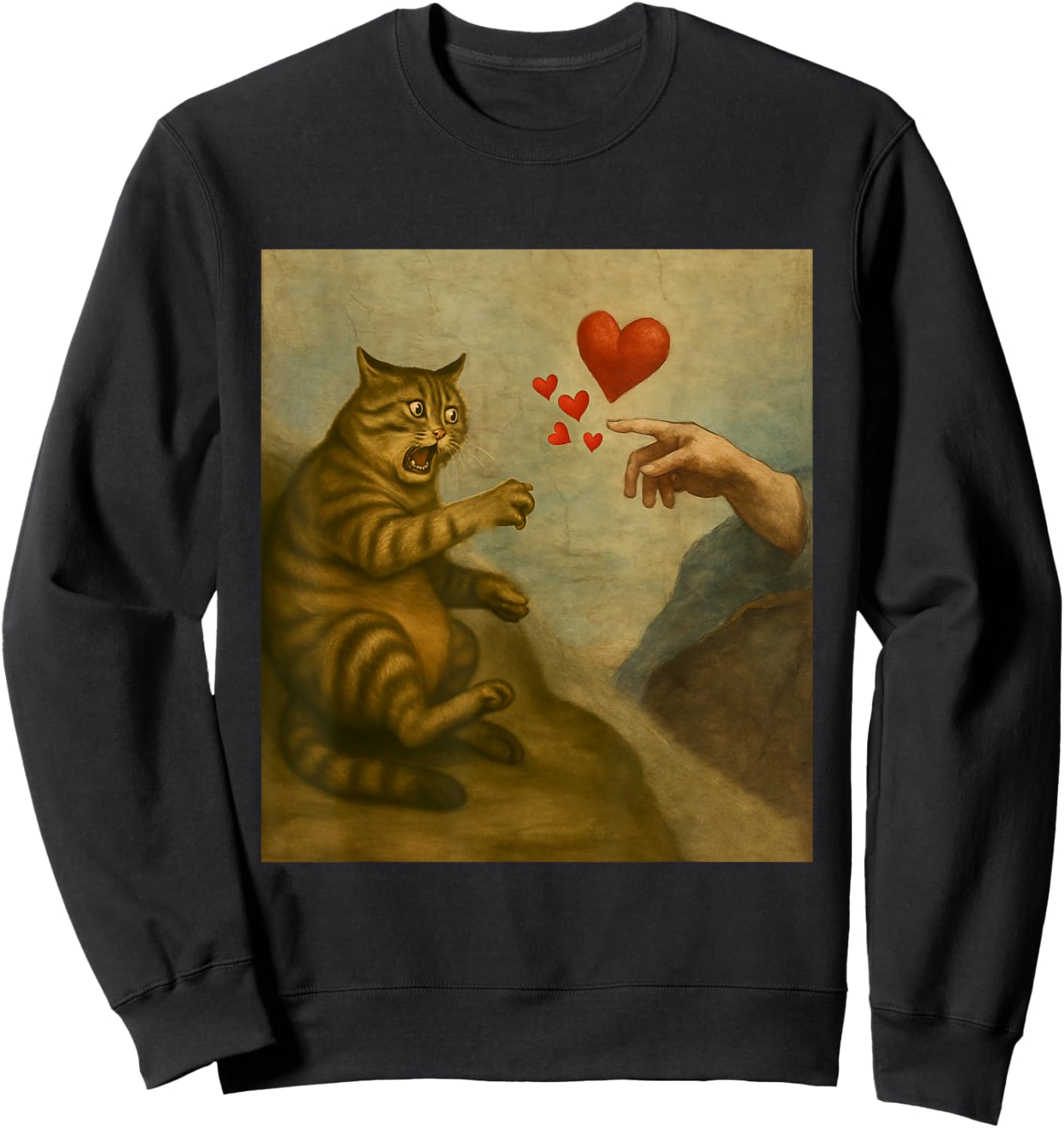 Cat Swatting God's Hand with Hearts Parody Cats Sweatshirt - Sweatshirt | Black