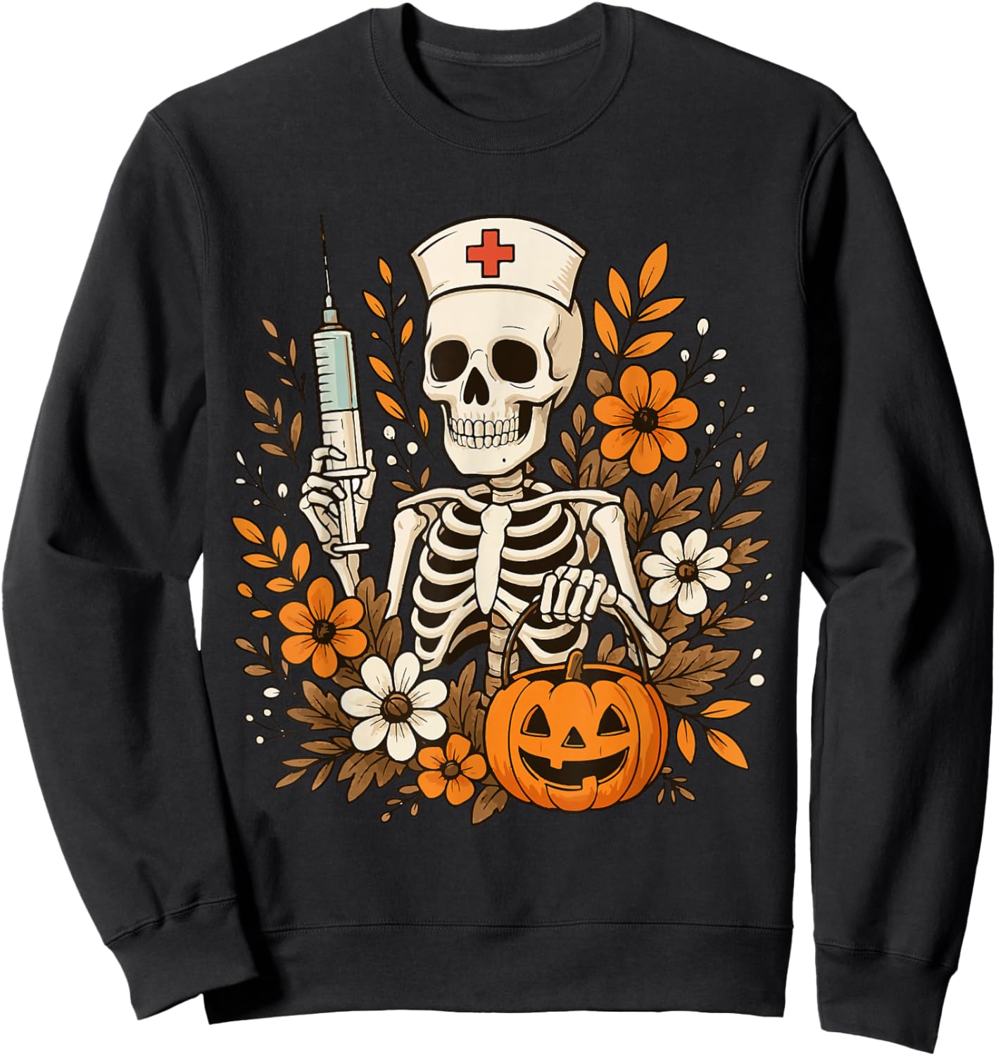 Nurse Skeleton Pumpkin Halloween Autumn Nurse Halloween Sweatshirt - Sweatshirt | Black