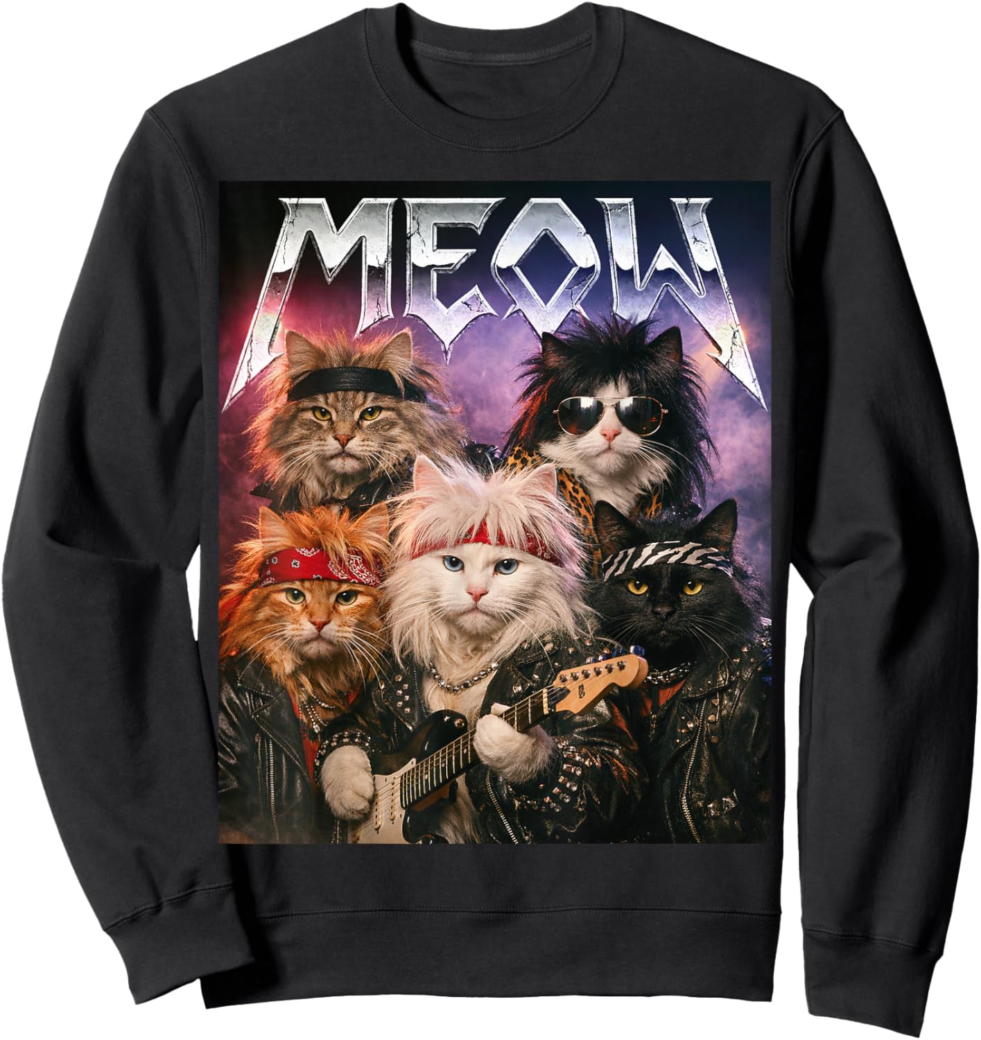 Meow Funny Cat Rock Hair Band Retro 80s and 90s Music Fan Sweatshirt - Sweatshirt | Black