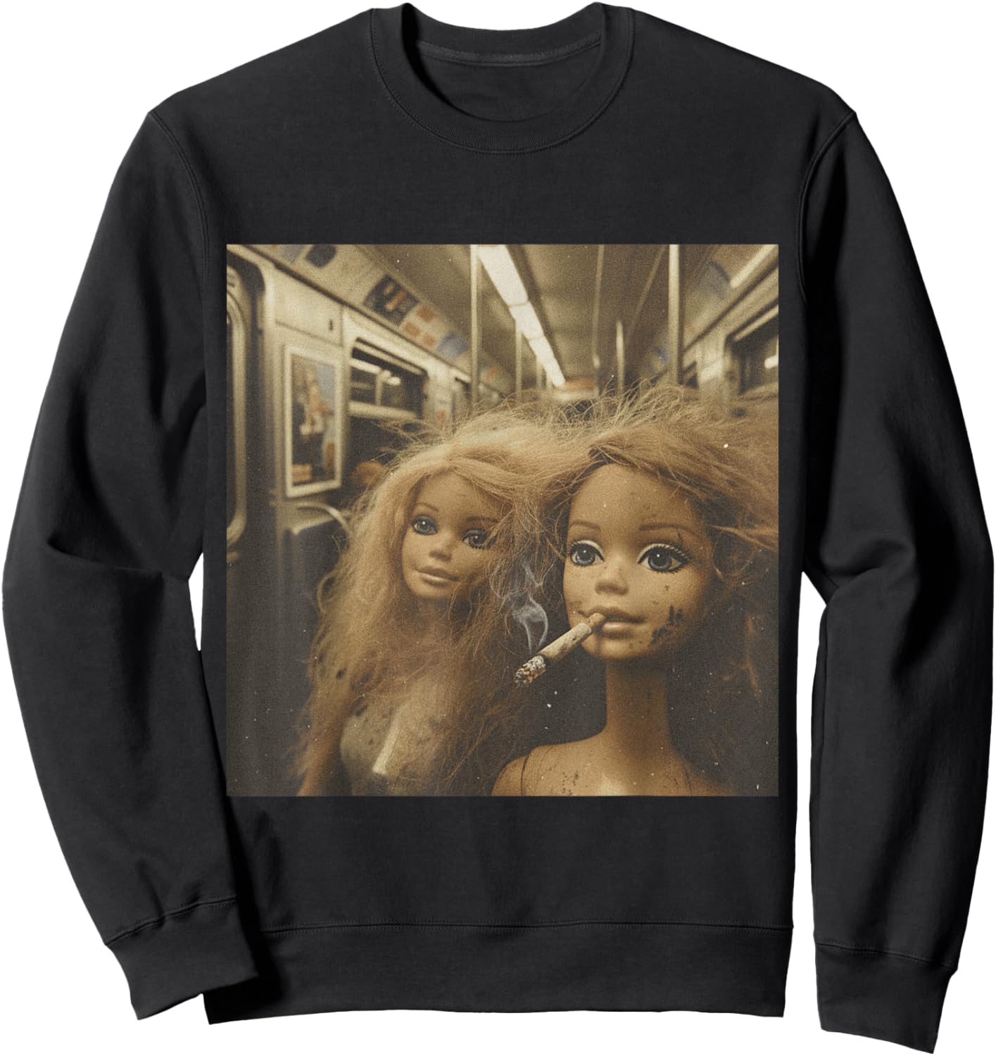 Distressed Doll Smoking Funny Doll Face Meme Sweatshirt - Sweatshirt | Black