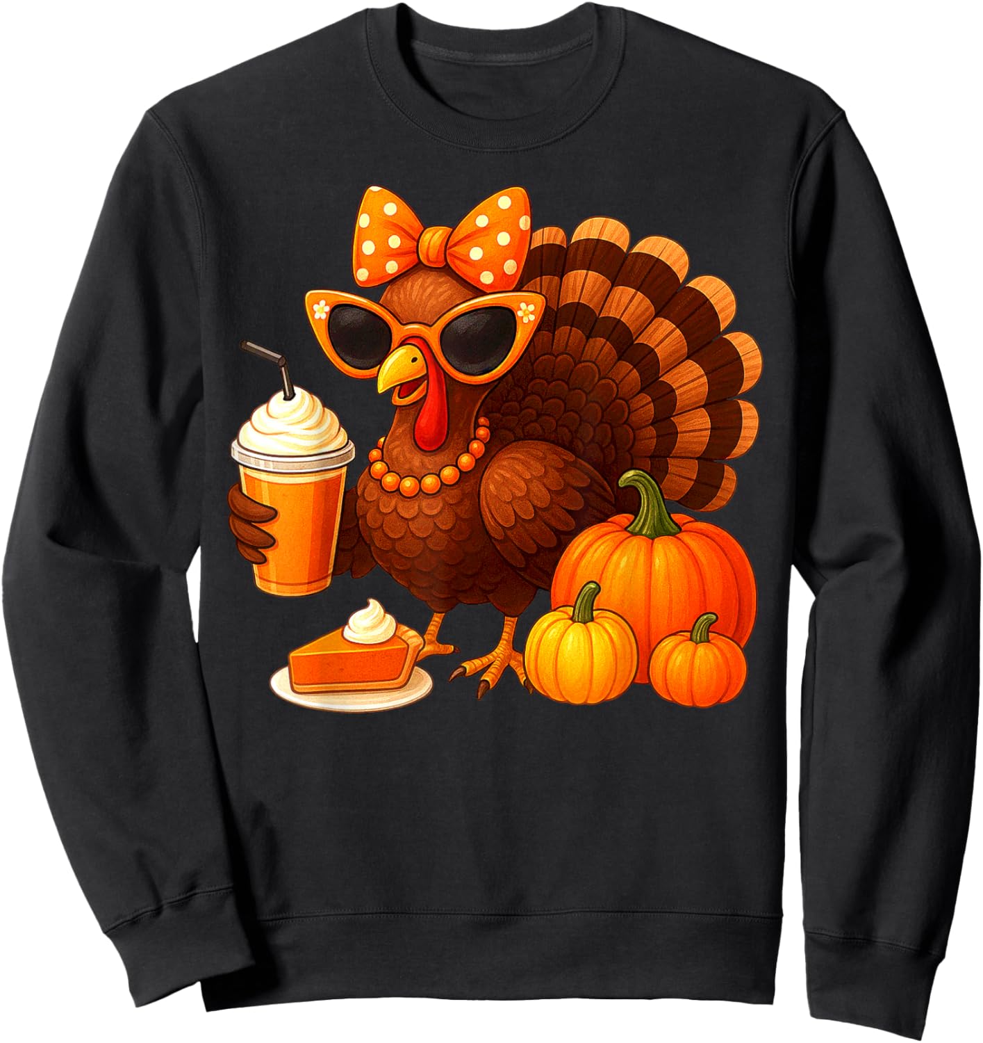 Cute Turkey with Sunglasses Lady Pumpkin Pie Bow Sweatshirt - Sweatshirt | Black