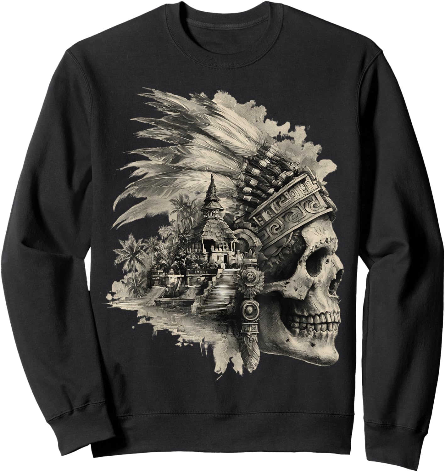 Feathered Aztec Skull Maya Mexican Mayan Indigenous Azteca Sweatshirt - Sweatshirt | Black