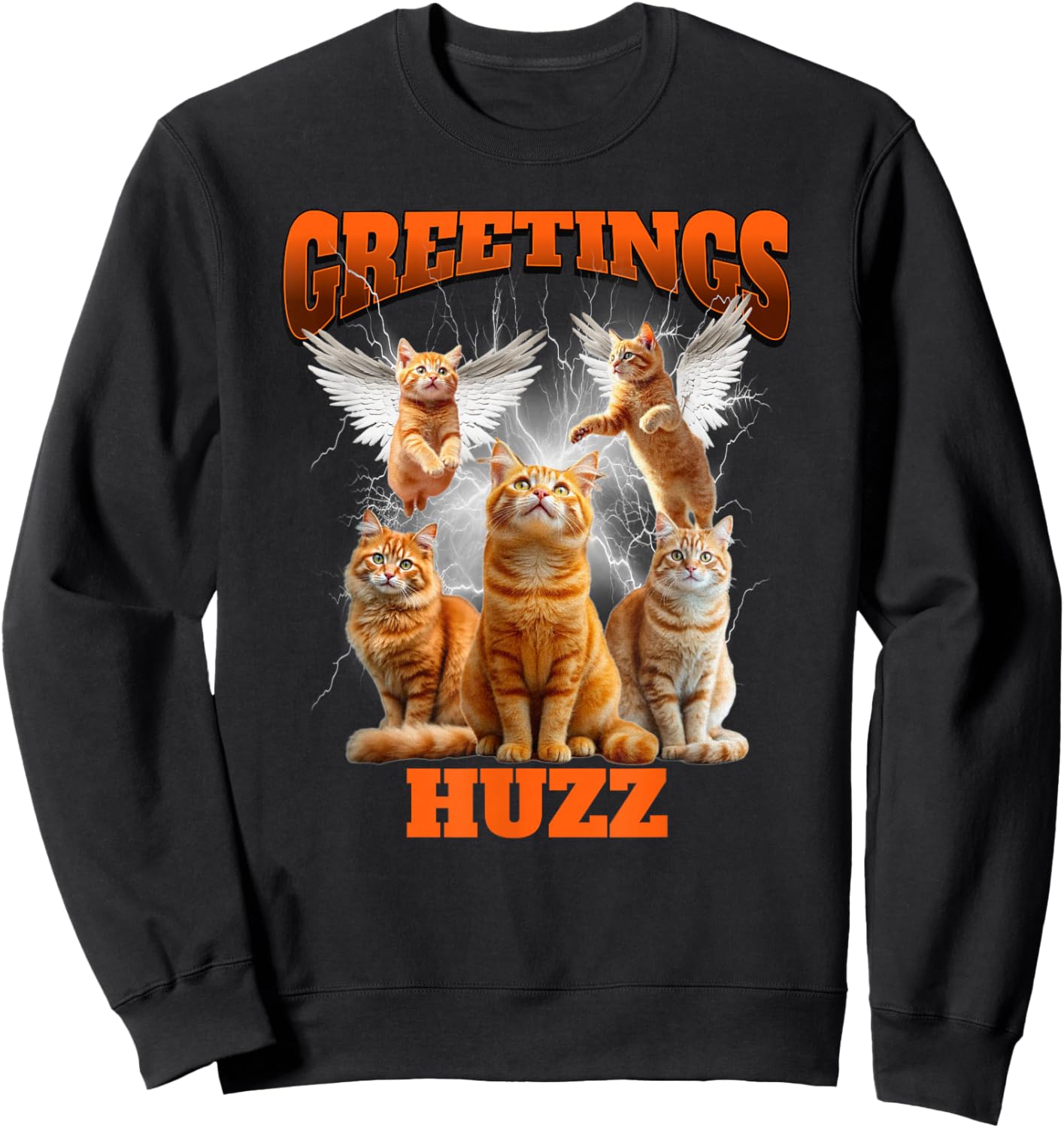 Greetings Huzz Bootleg Cat Meme Graphic Retro Y2K Aesthetic Sweatshirt - Sweatshirt | Black
