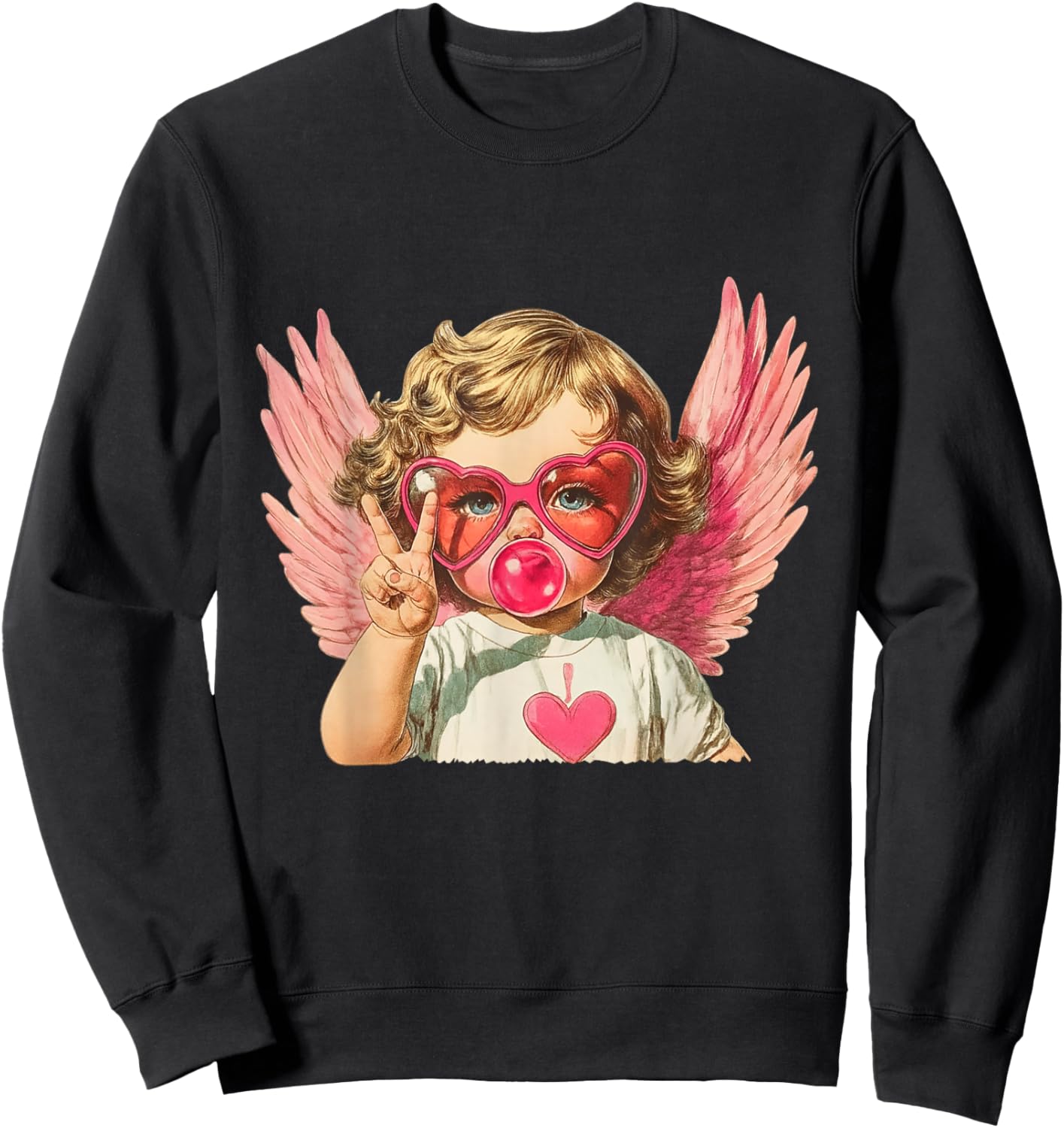 Vintage Cupid Blowing Bubble Gum Heart Sunglasses Valentines Sweatshirt - Sweatshirt | Black