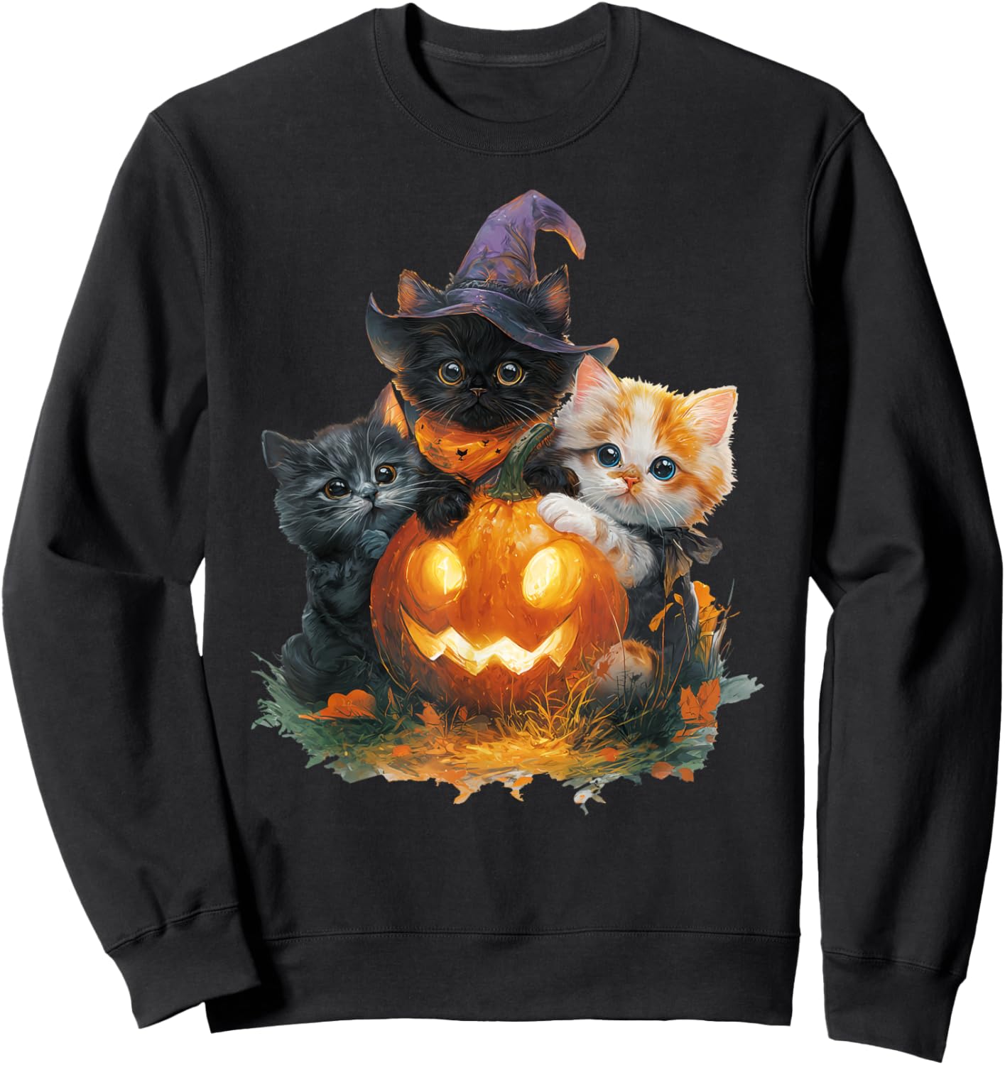 Vintage Kittens Pumpkin Cute Cat Spooky Season Halloween Sweatshirt - Sweatshirt | Black